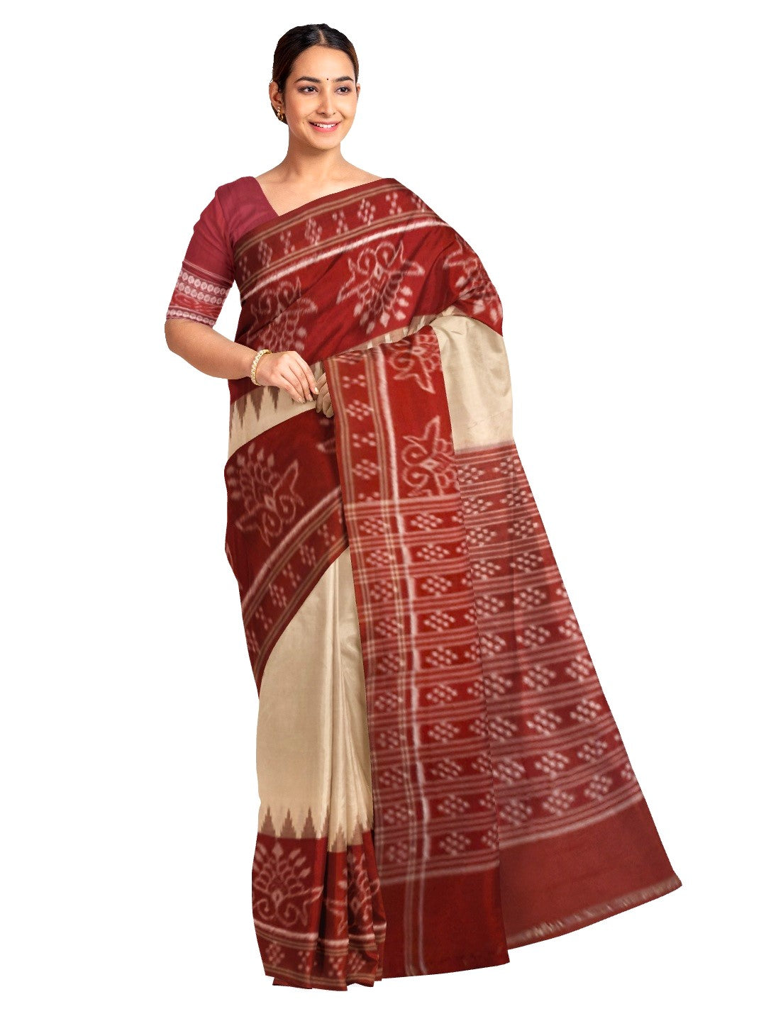 Beige and Maroon wide border Cotton Odisha Ikat saree  with  cotton ikat blouse piece