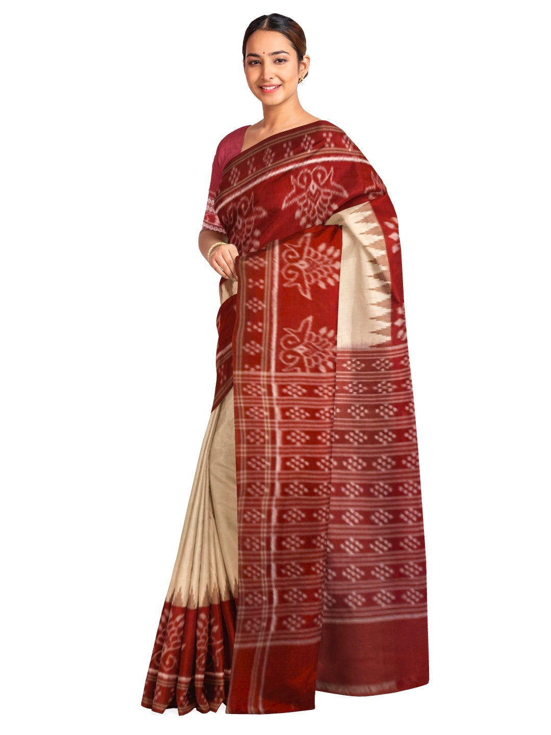 Beige and Maroon wide border Cotton Odisha Ikat saree  with  cotton ikat blouse piece