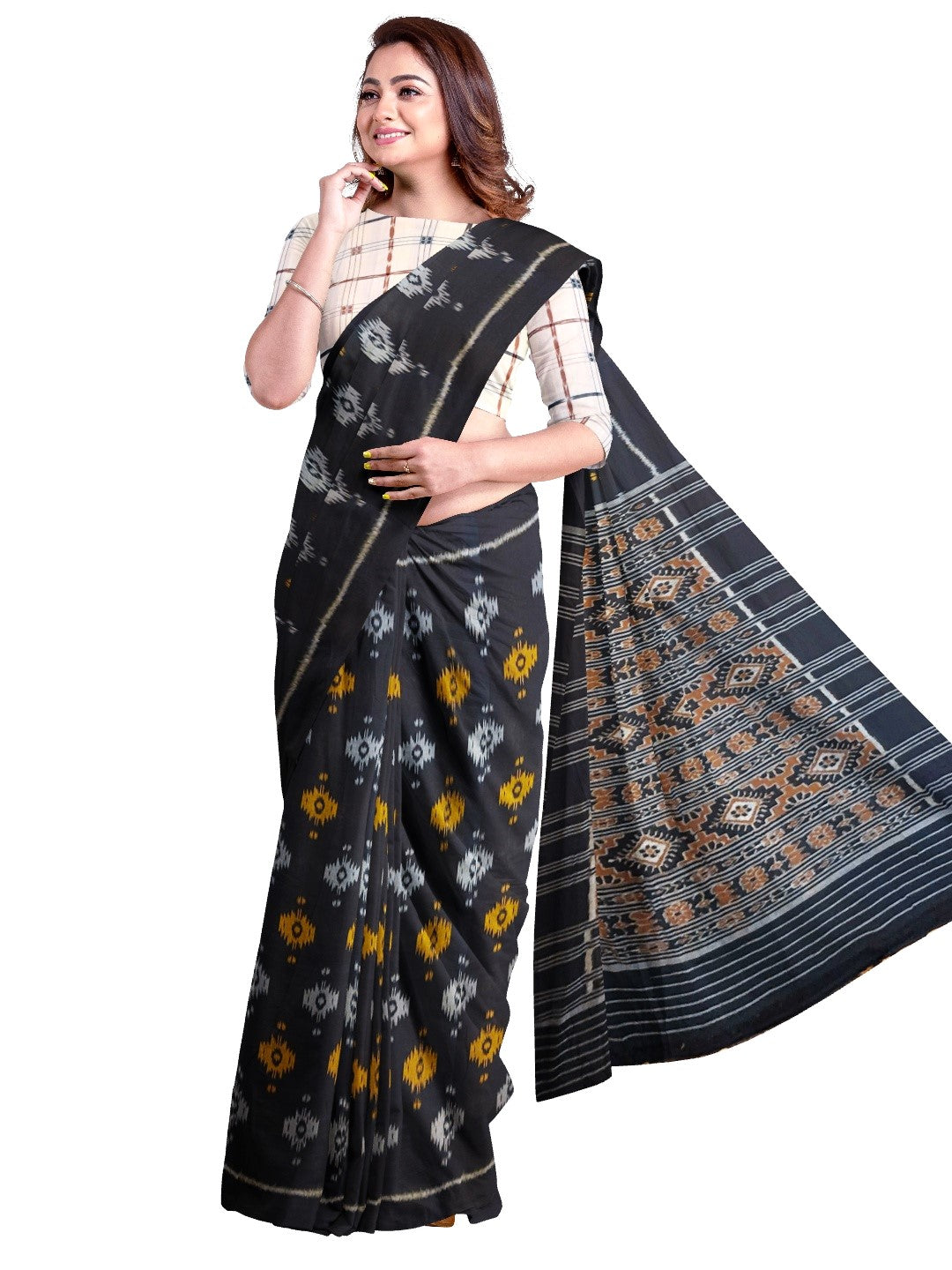 Black Cotton Odisha Ikat saree with cotton ikat blouse piece