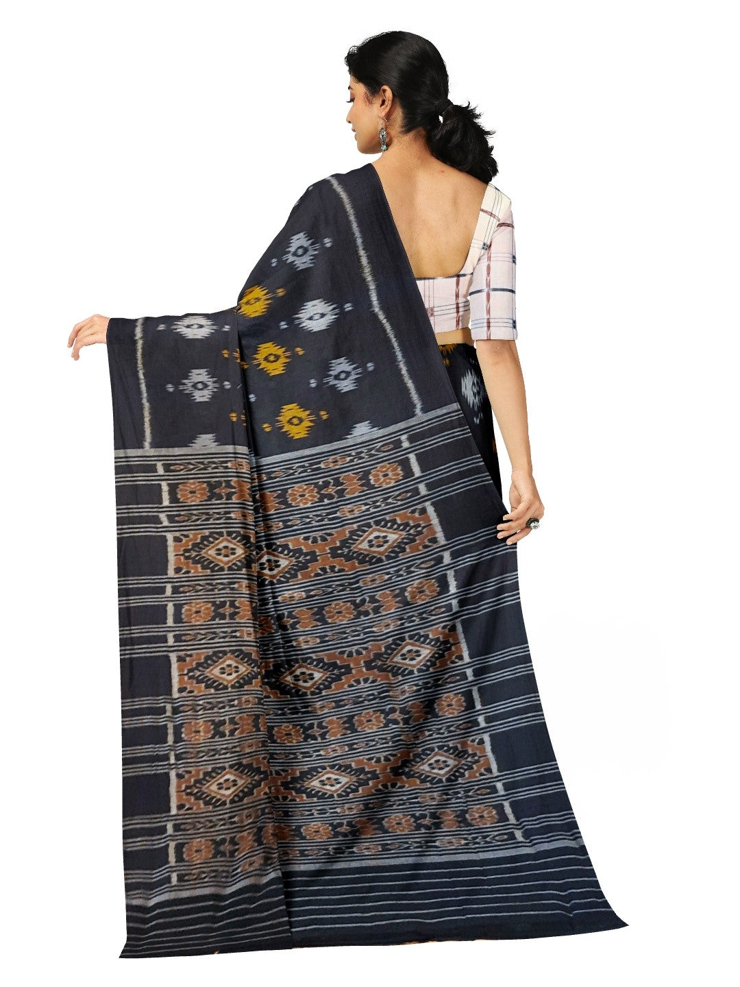 Black Cotton Odisha Ikat saree with cotton ikat blouse piece