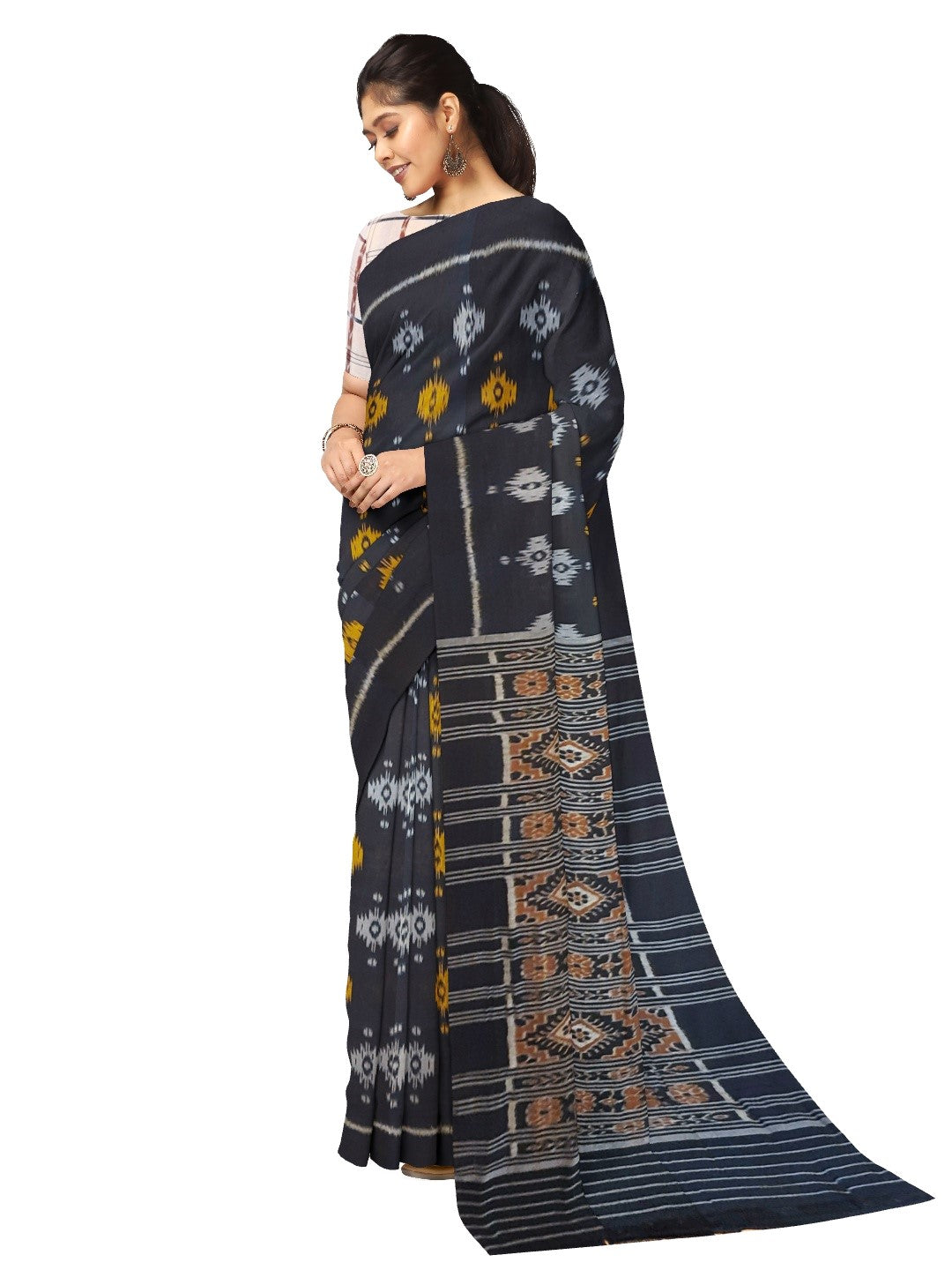 Black Cotton Odisha Ikat saree with cotton ikat blouse piece