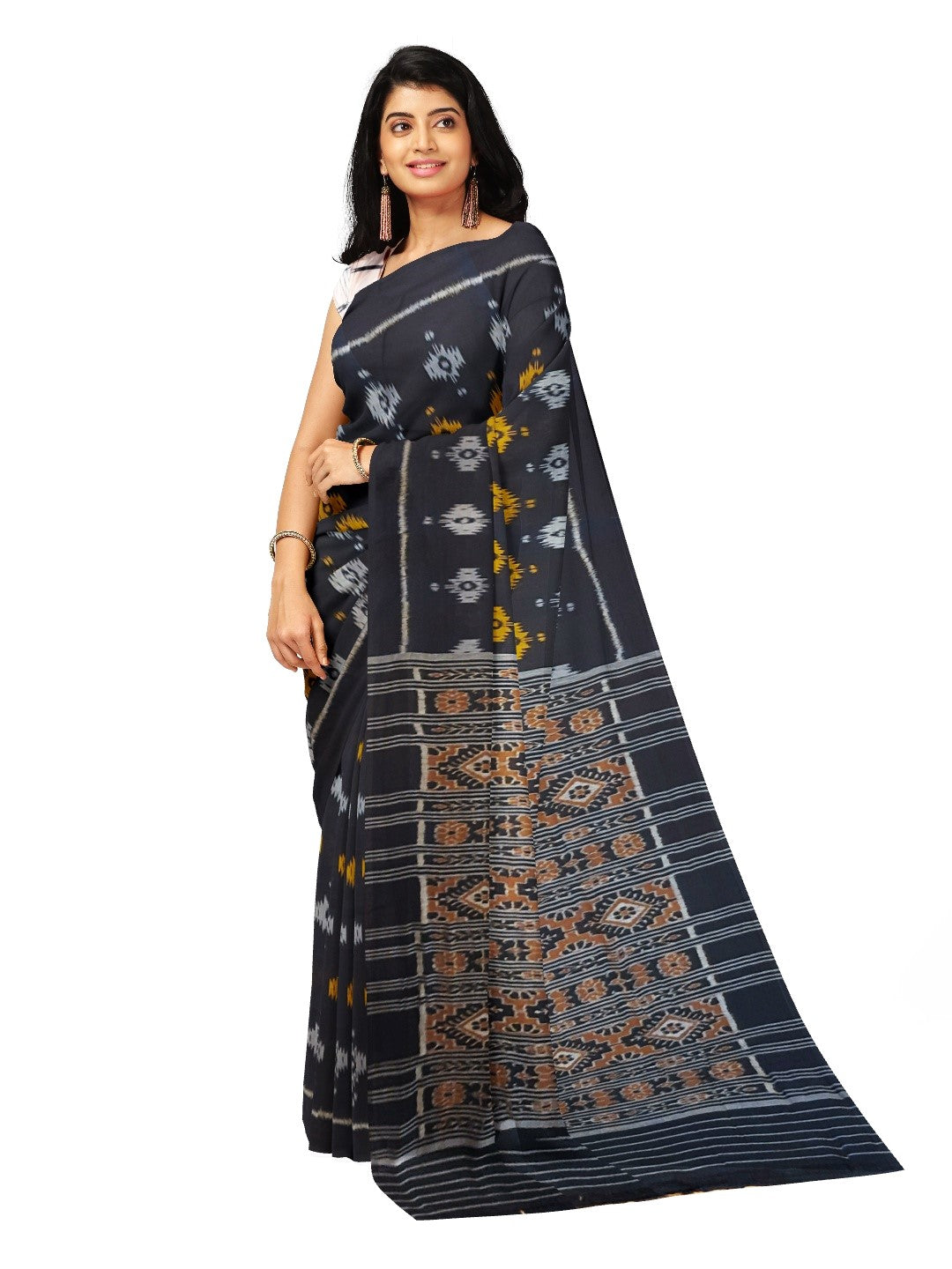 Black Cotton Odisha Ikat saree with cotton ikat blouse piece