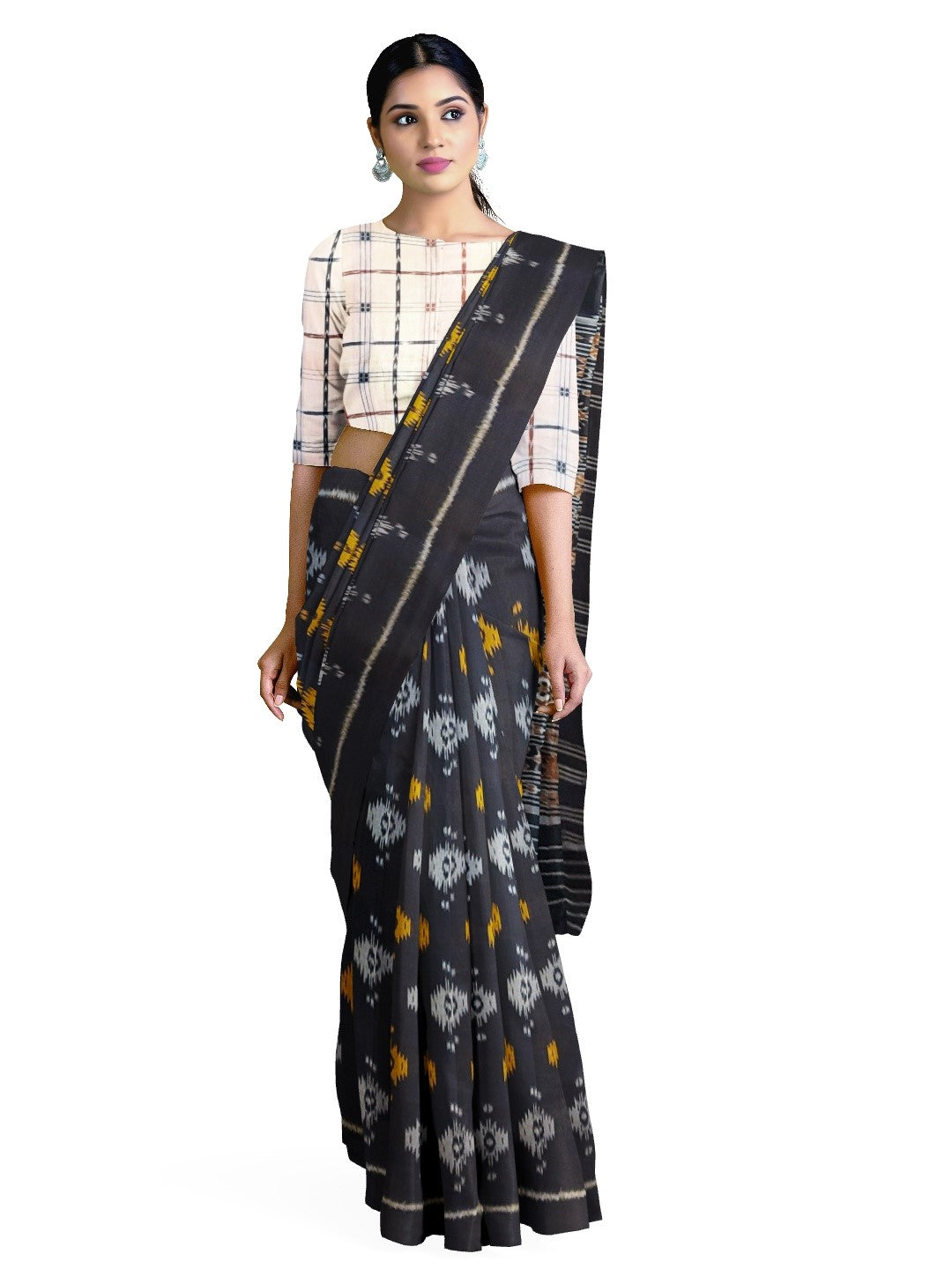 Black Cotton Odisha Ikat saree with cotton ikat blouse piece