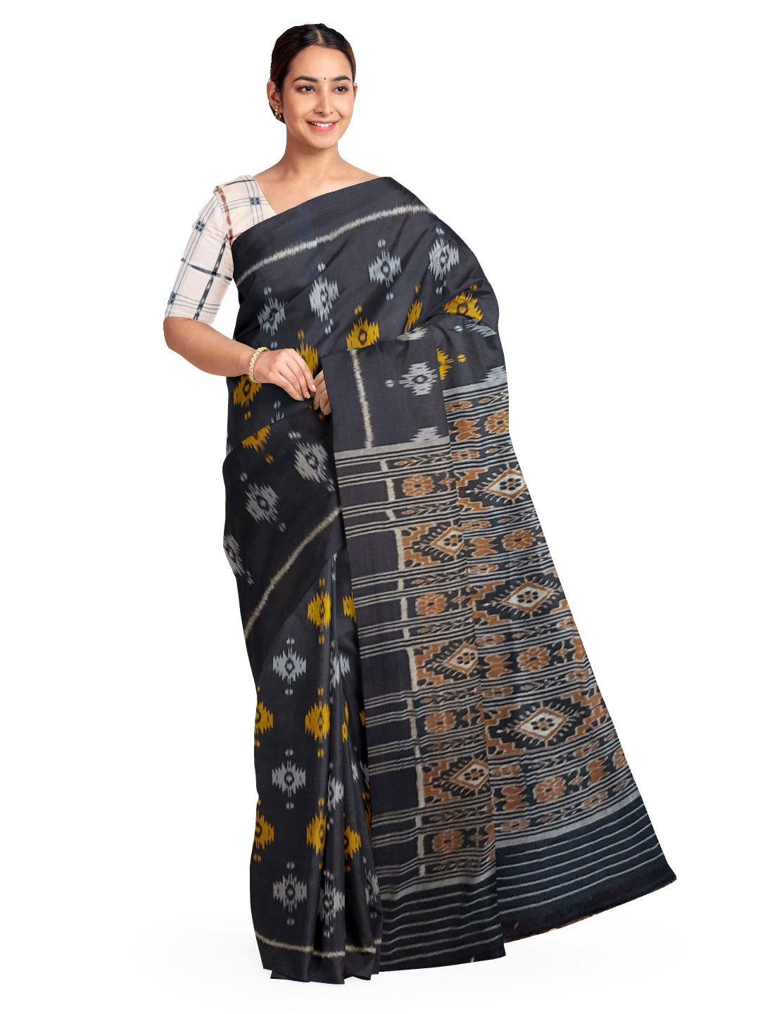 Black Cotton Odisha Ikat saree with cotton ikat blouse piece