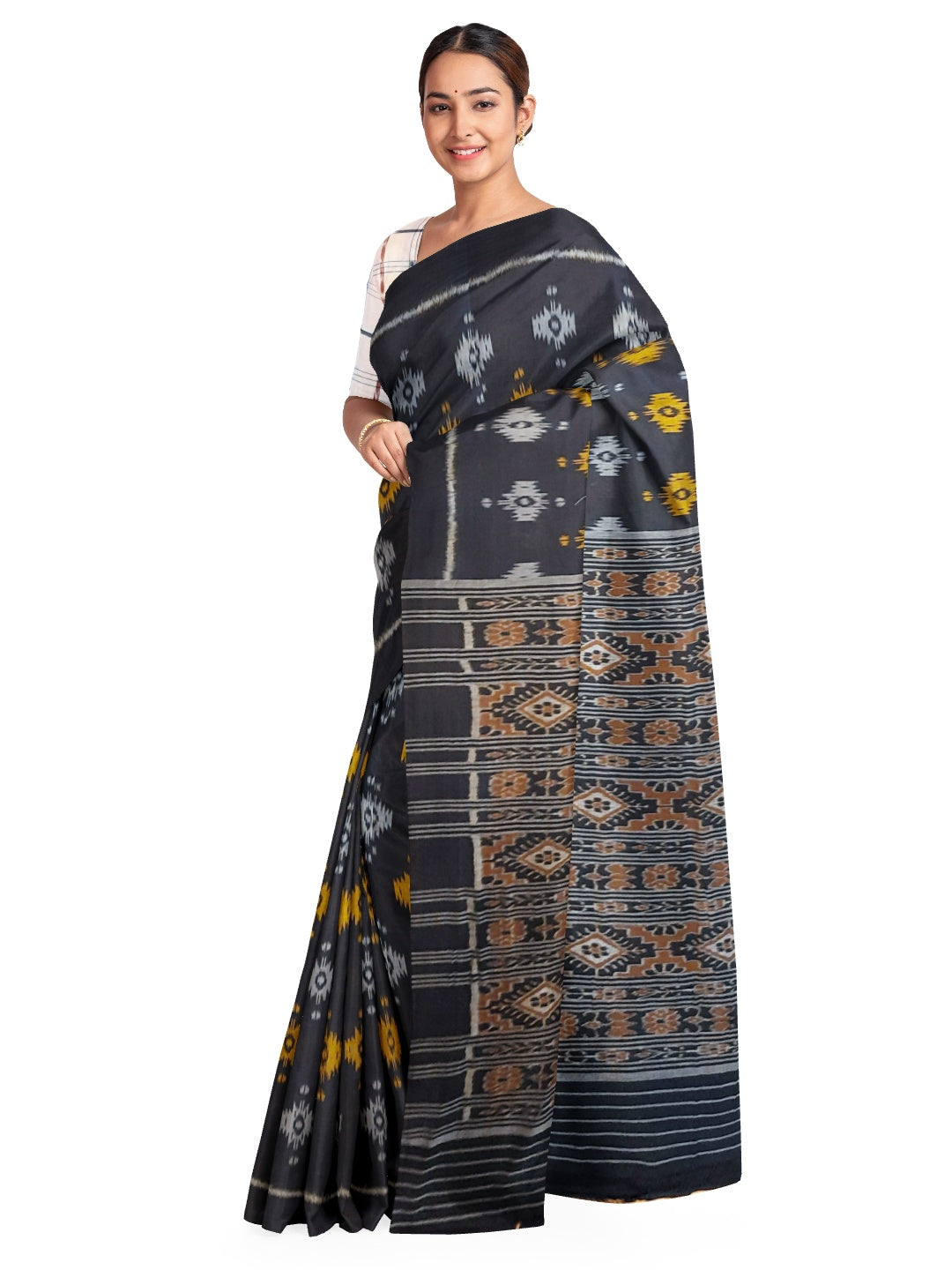 Black Cotton Odisha Ikat saree with cotton ikat blouse piece