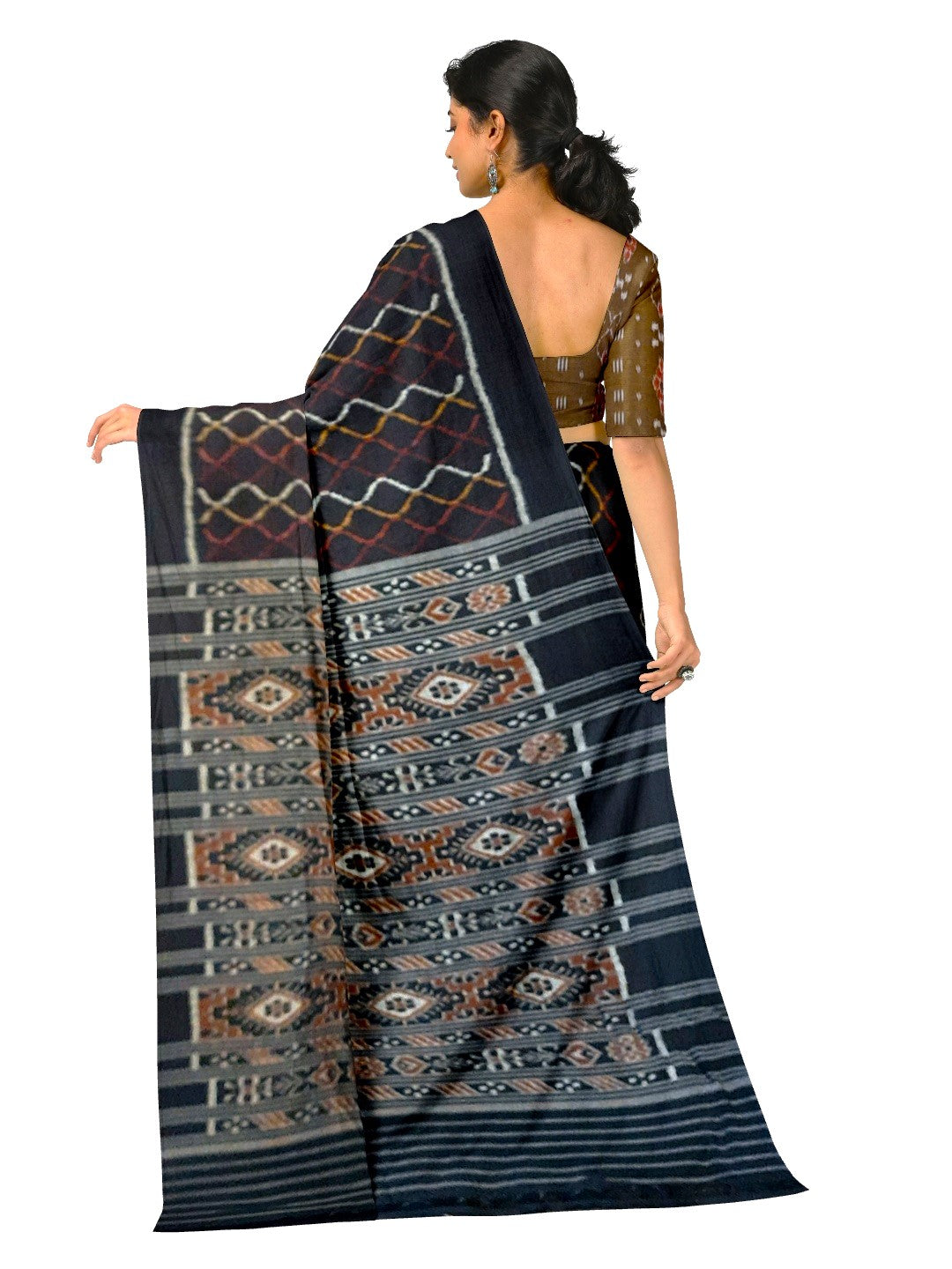 Black Cotton Odisha Ikat saree with cotton ikat blouse piece