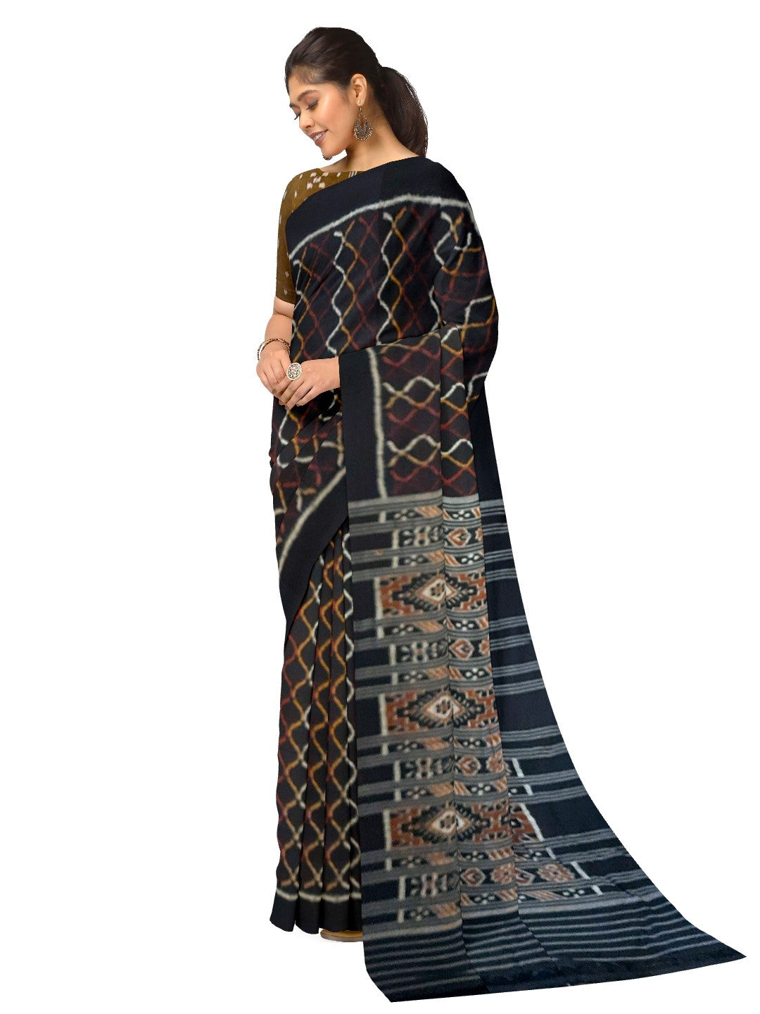 Black Cotton Odisha Ikat saree with cotton ikat blouse piece