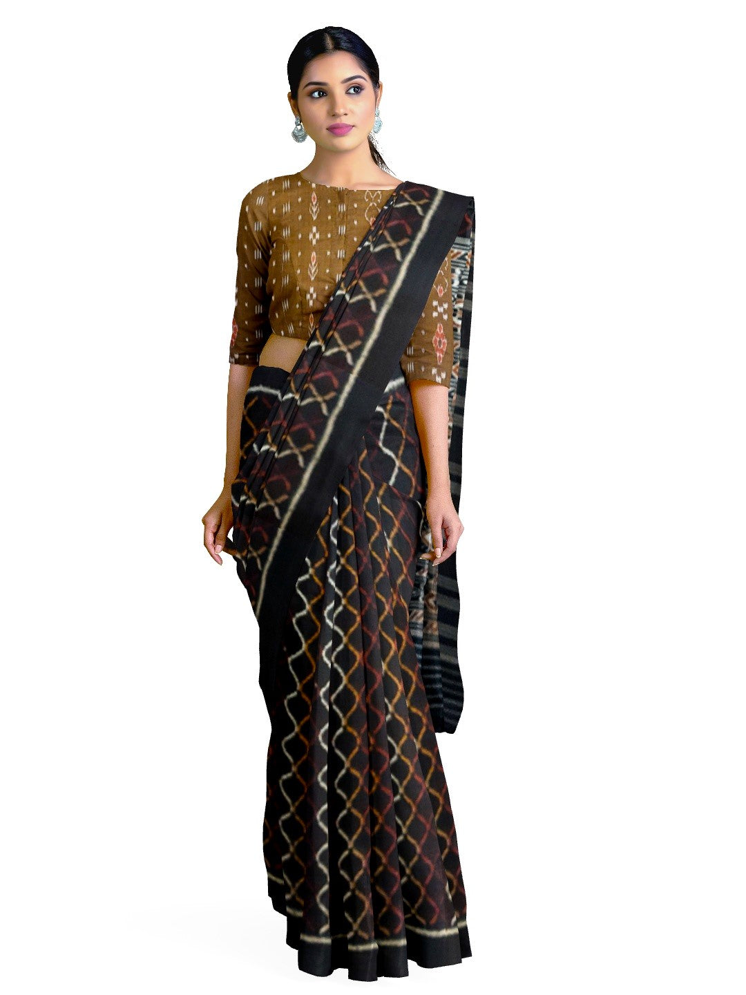 Black Cotton Odisha Ikat saree with cotton ikat blouse piece