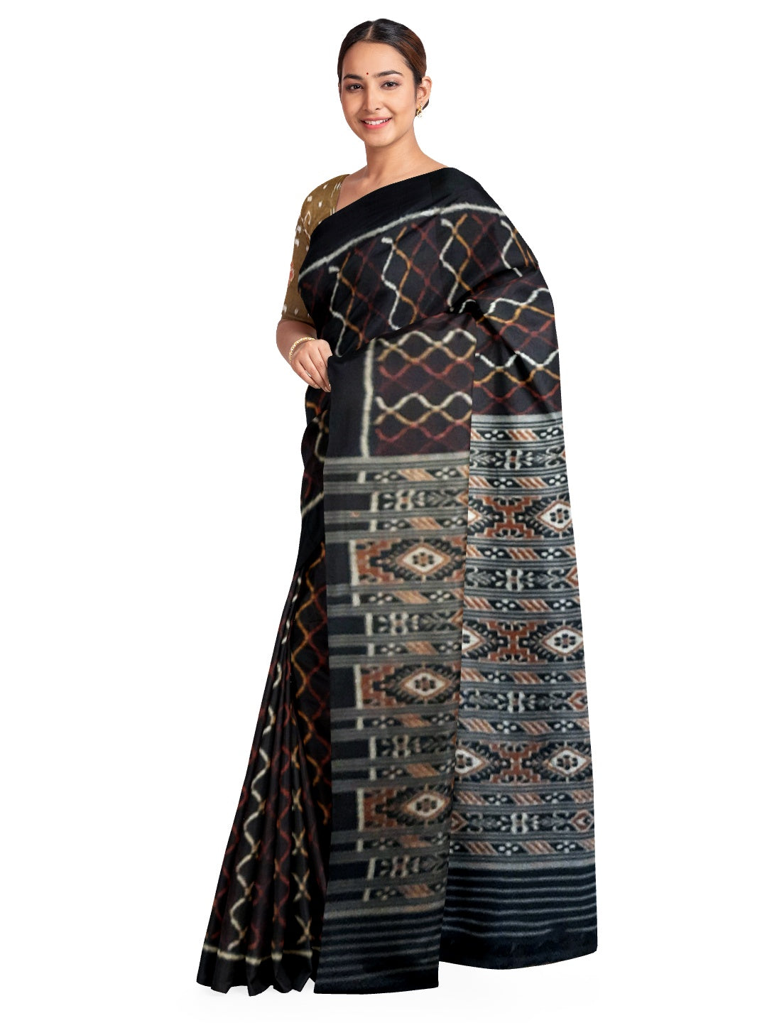 Black Cotton Odisha Ikat saree with cotton ikat blouse piece
