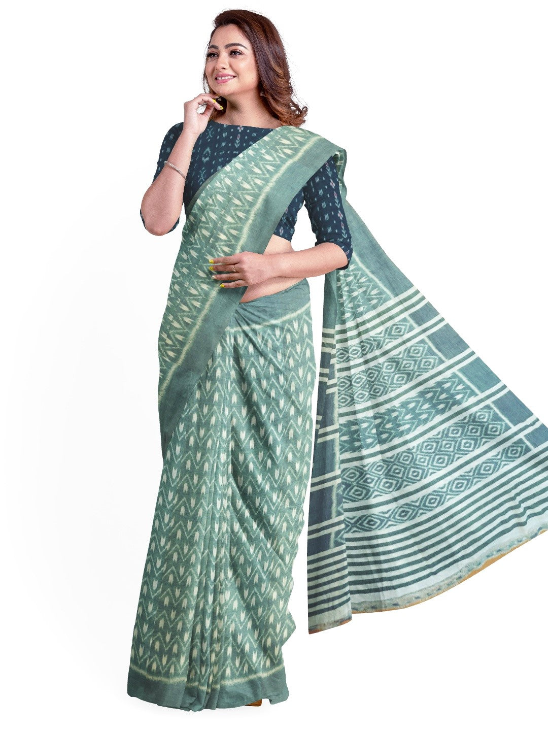 Green Cotton Odisha Ikat saree with mix match cotton ikat blouse piece