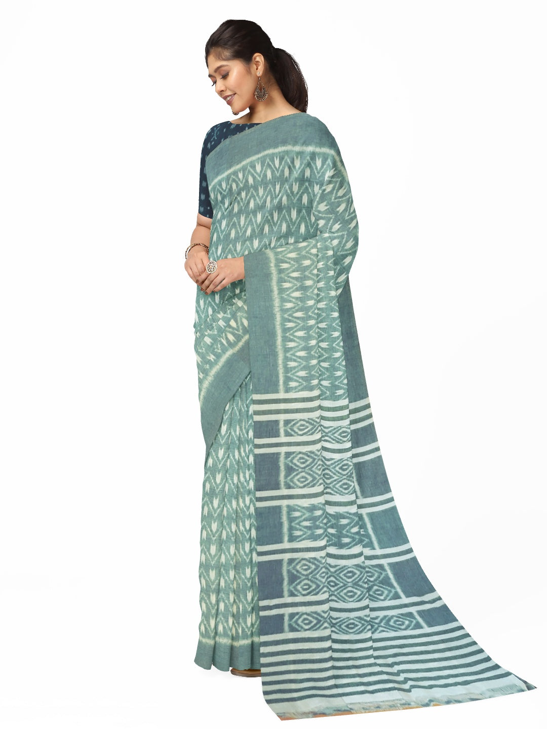 Green Cotton Odisha Ikat saree with mix match cotton ikat blouse piece