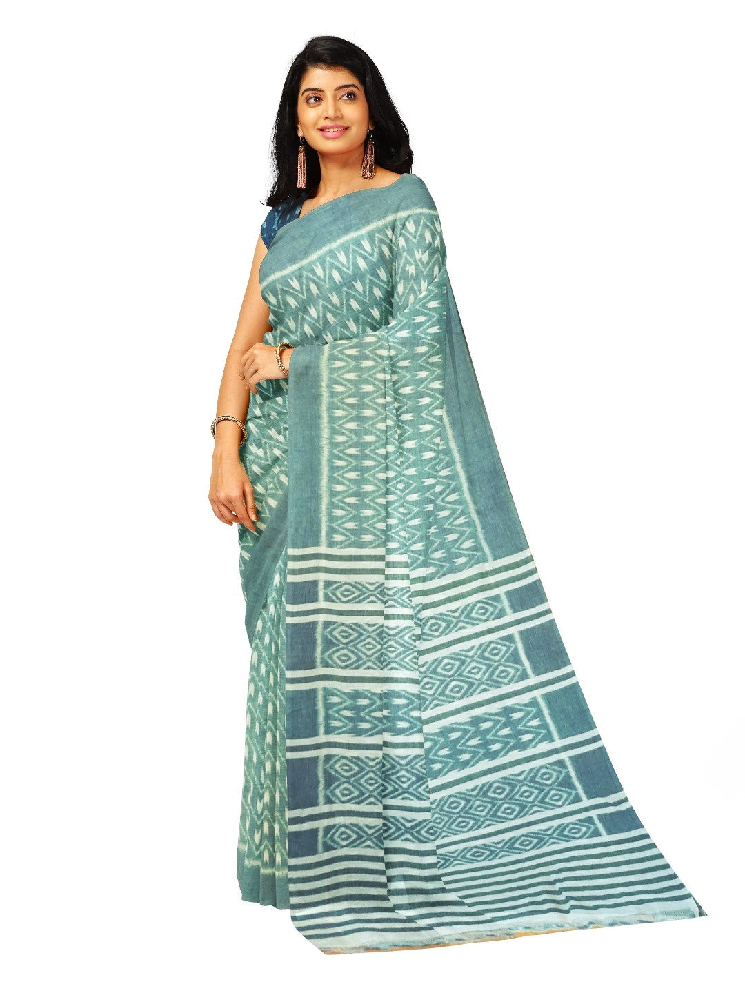 Green Cotton Odisha Ikat saree with mix match cotton ikat blouse piece
