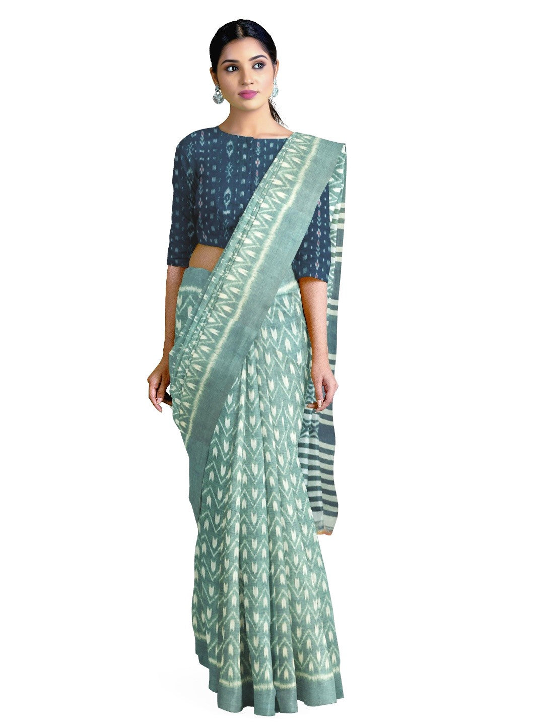 Green Cotton Odisha Ikat saree with mix match cotton ikat blouse piece