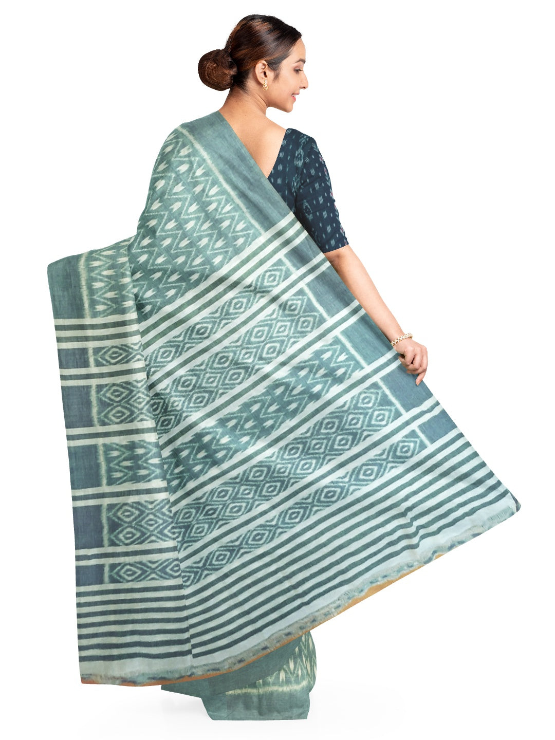 Green Cotton Odisha Ikat saree with mix match cotton ikat blouse piece