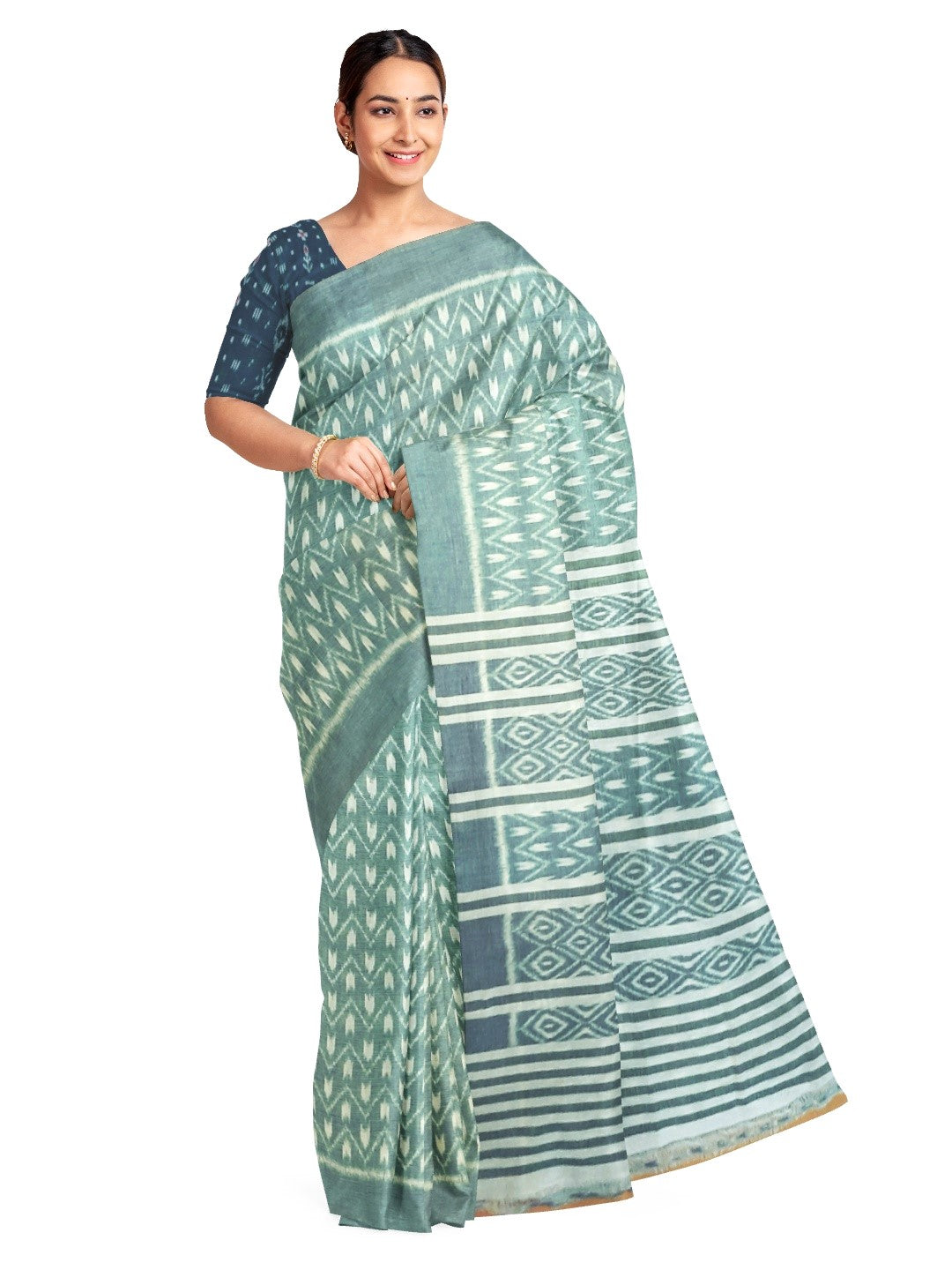 Green Cotton Odisha Ikat saree with mix match cotton ikat blouse piece