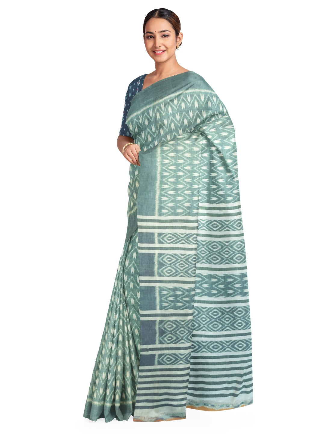 Green Cotton Odisha Ikat saree with mix match cotton ikat blouse piece