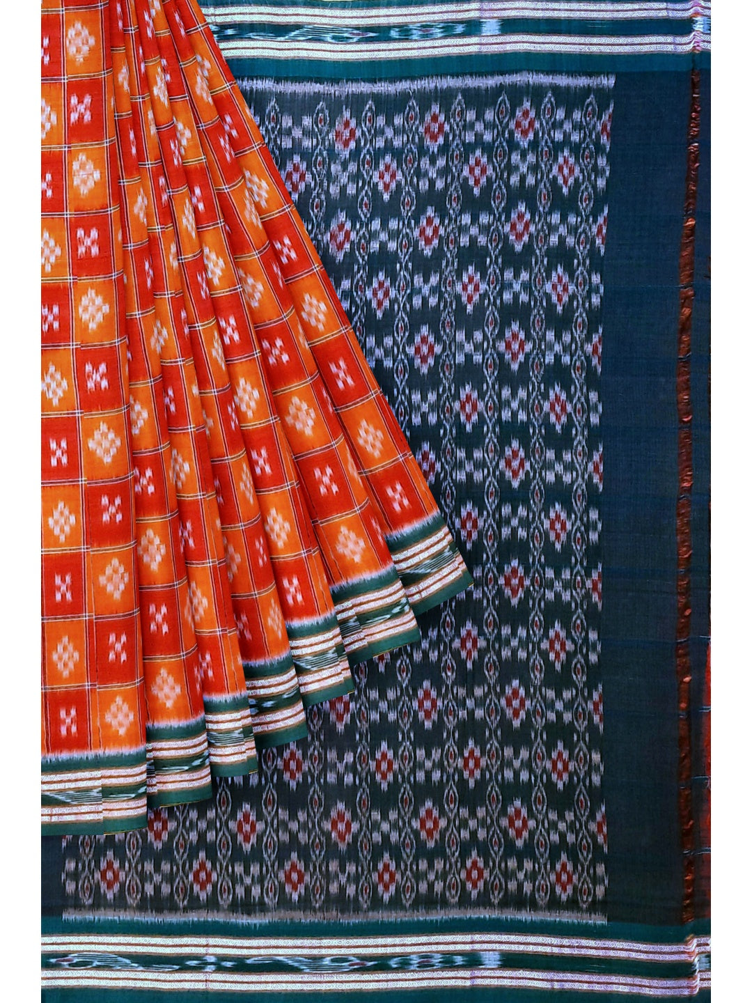 Orange with Red Cotton Odisha Ikat saree  with mix match cotton ikat blouse