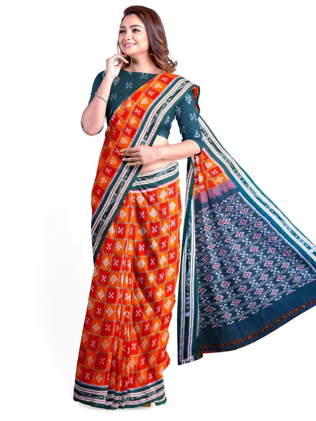 Orange with Red Cotton Odisha Ikat saree  with mix match cotton ikat blouse