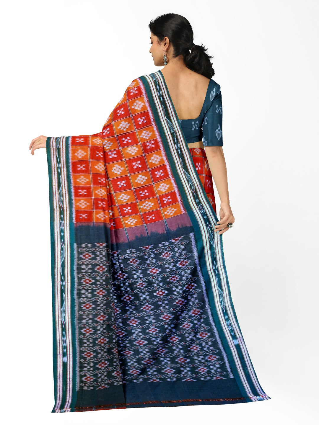Orange with Red Cotton Odisha Ikat saree  with mix match cotton ikat blouse