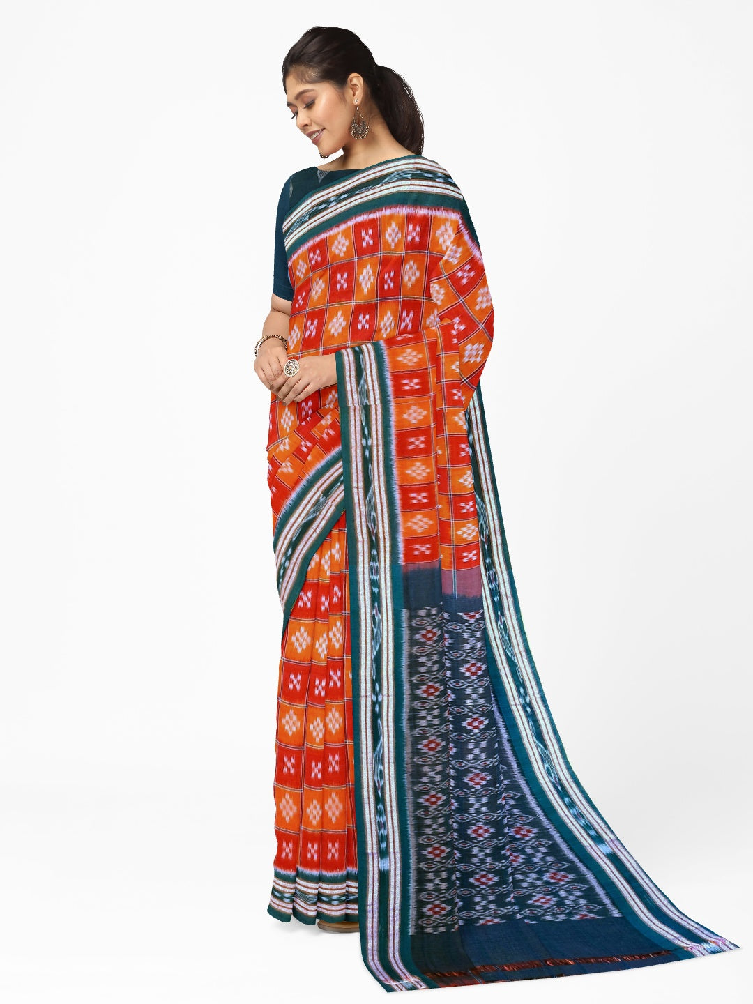 Orange with Red Cotton Odisha Ikat saree  with mix match cotton ikat blouse