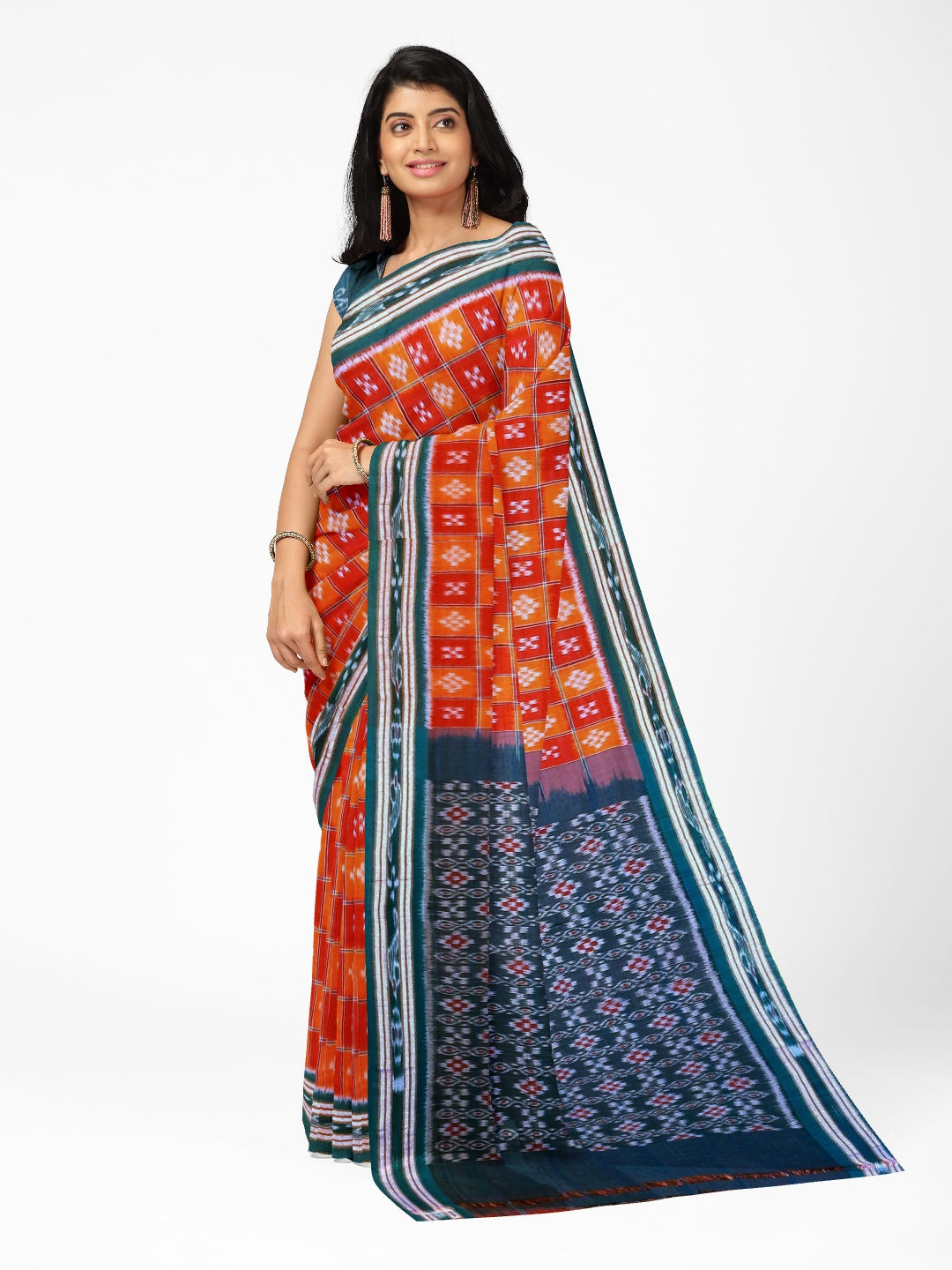 Orange with Red Cotton Odisha Ikat saree  with mix match cotton ikat blouse