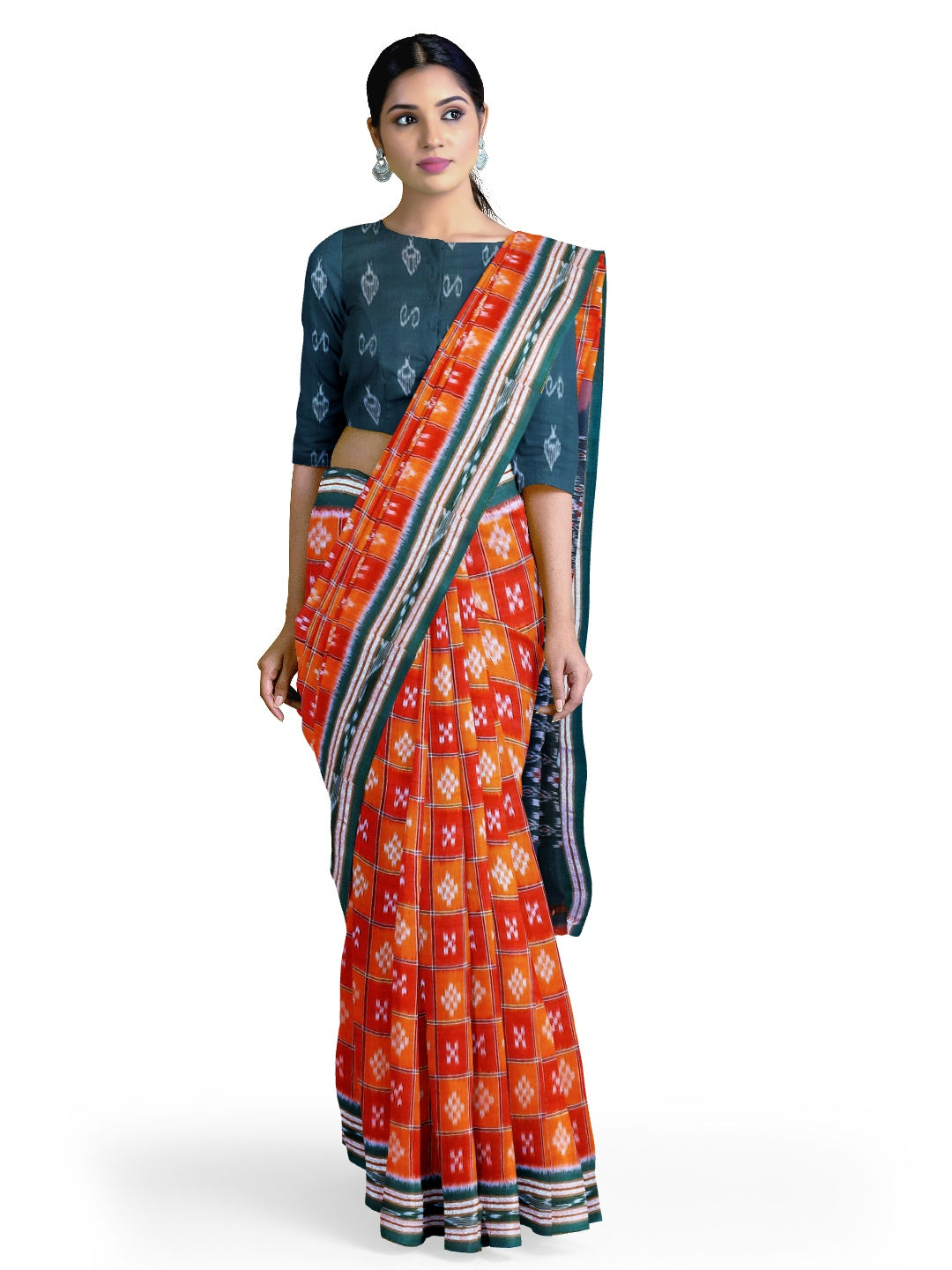 Orange with Red Cotton Odisha Ikat saree  with mix match cotton ikat blouse