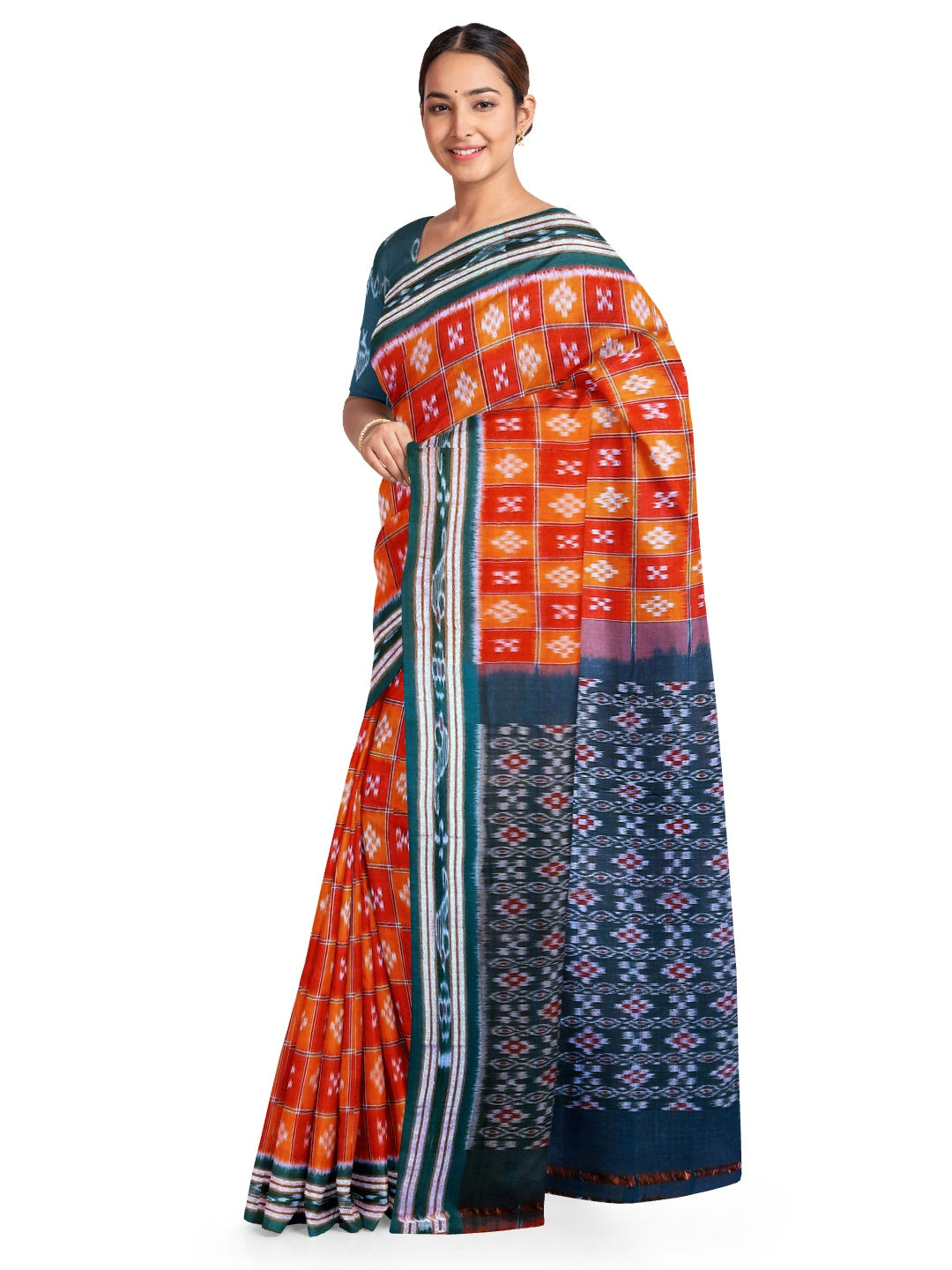Orange with Red Cotton Odisha Ikat saree  with mix match cotton ikat blouse