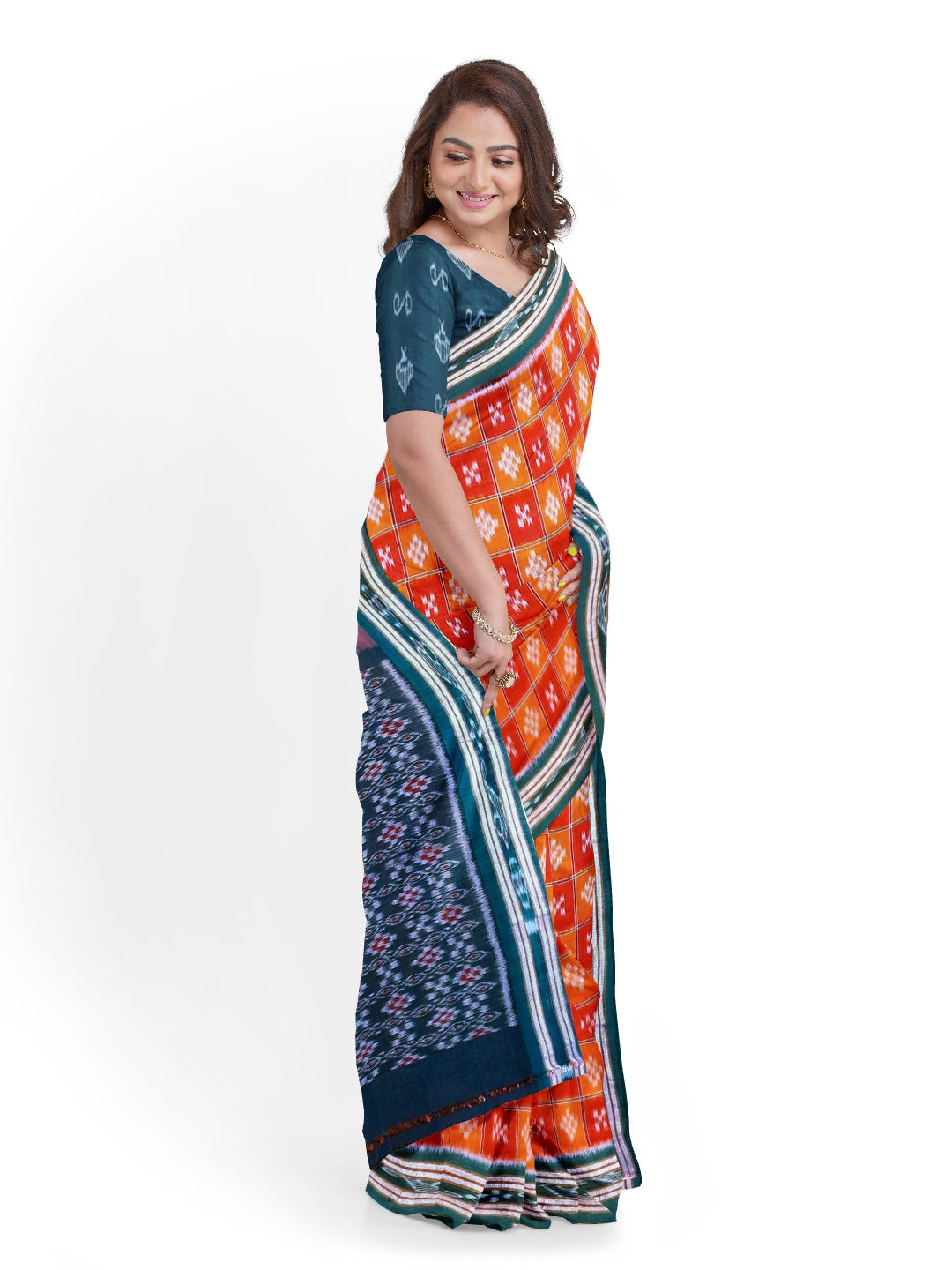 Orange with Red Cotton Odisha Ikat saree  with mix match cotton ikat blouse