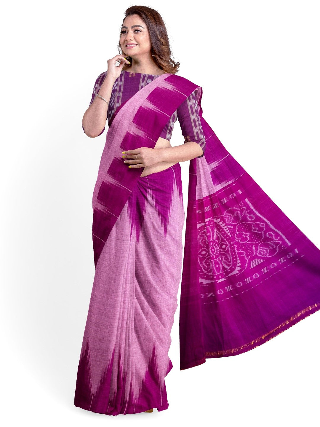 Purple Cotton Odisha Ikat saree  with mix match cotton ikat blouse
