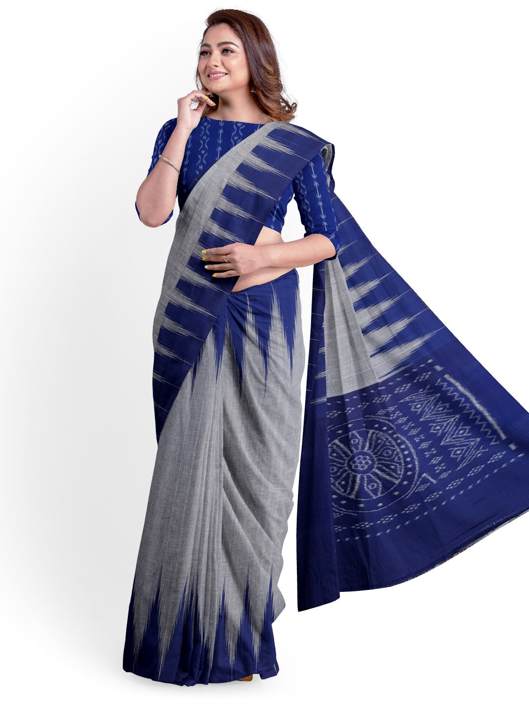 Blue Cotton Odisha Ikat saree  with mix match cotton ikat blouse