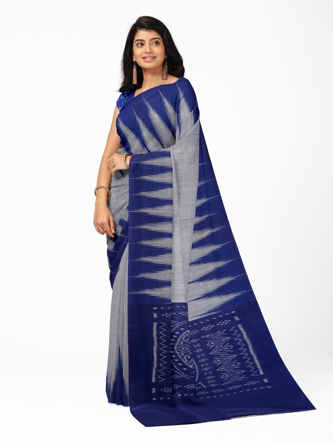 Blue Cotton Odisha Ikat saree  with mix match cotton ikat blouse