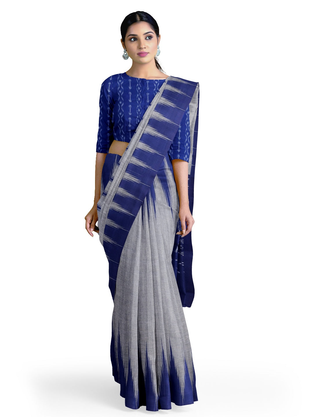 Blue Cotton Odisha Ikat saree  with mix match cotton ikat blouse