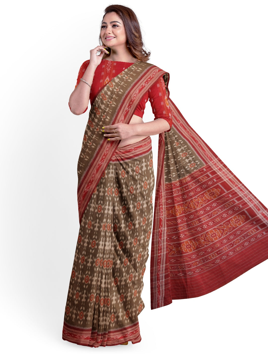 Brown Odisha Ikat saree with cotton ikat blouse piece