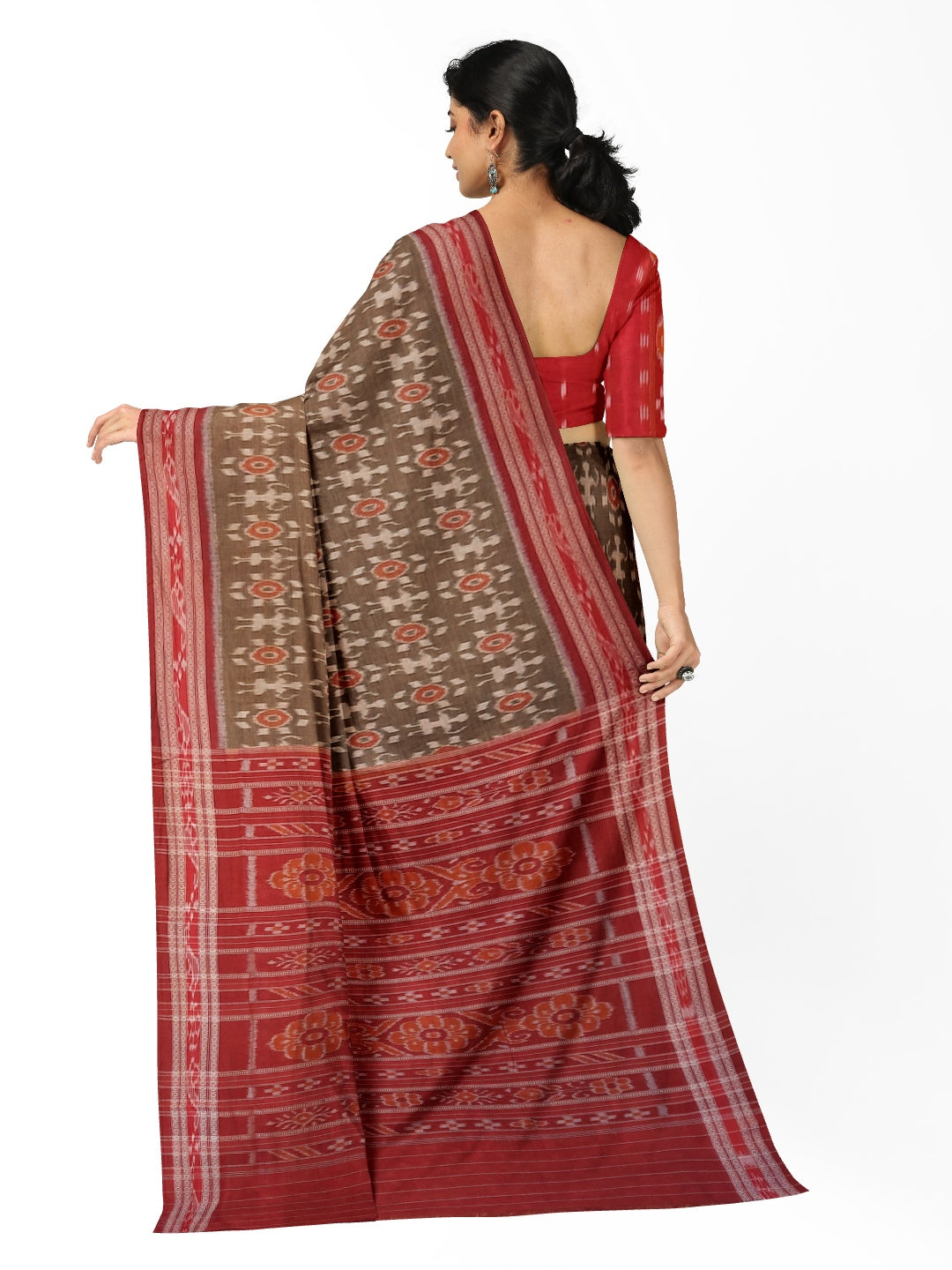 Brown Odisha Ikat saree with cotton ikat blouse piece