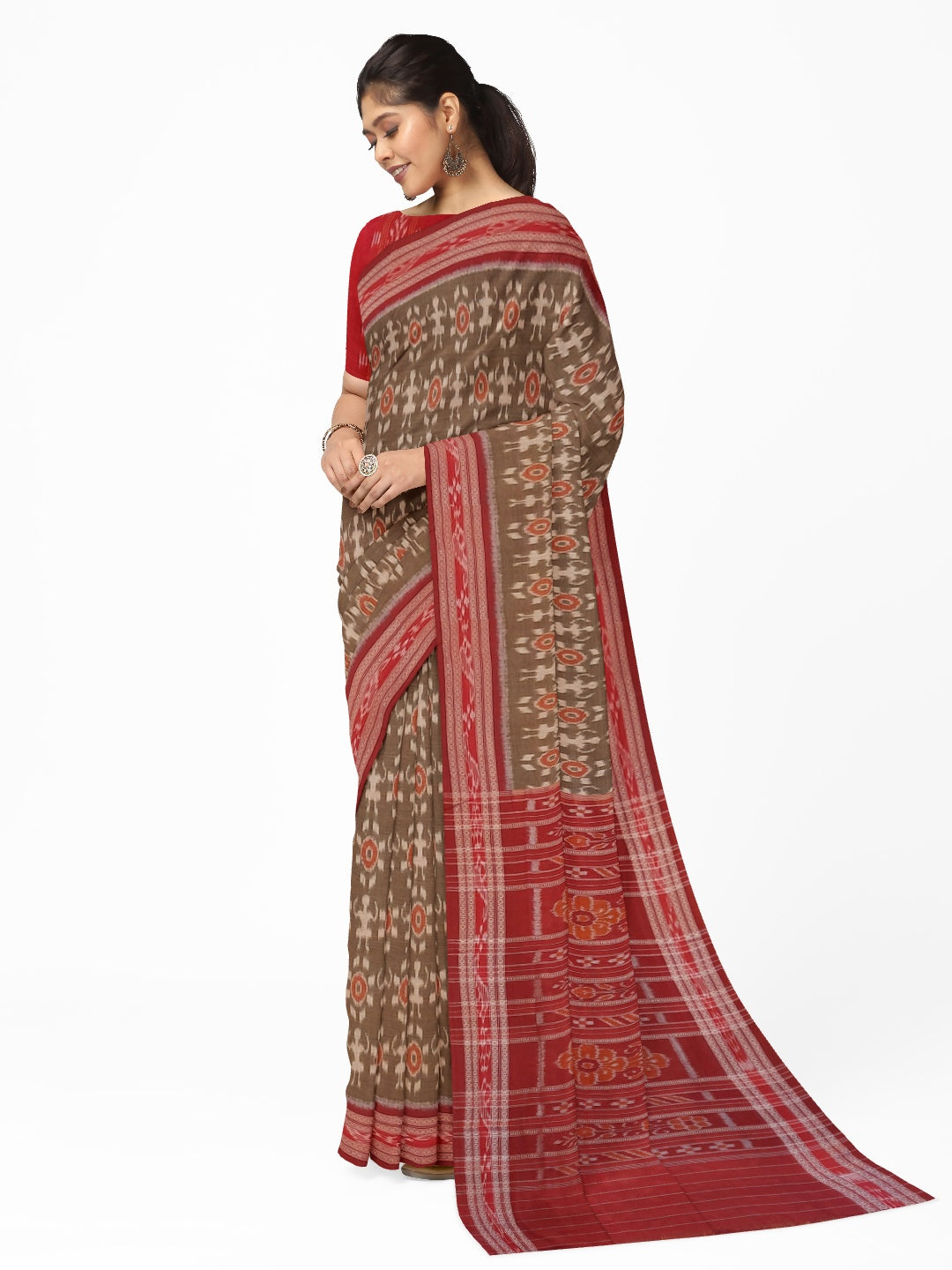 Brown Odisha Ikat saree with cotton ikat blouse piece