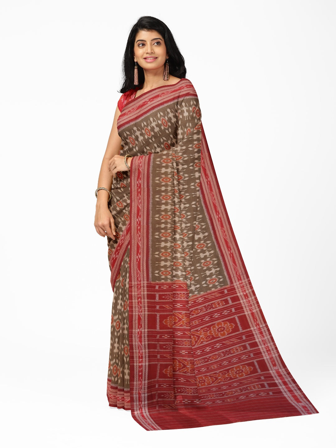 Brown Odisha Ikat saree with cotton ikat blouse piece