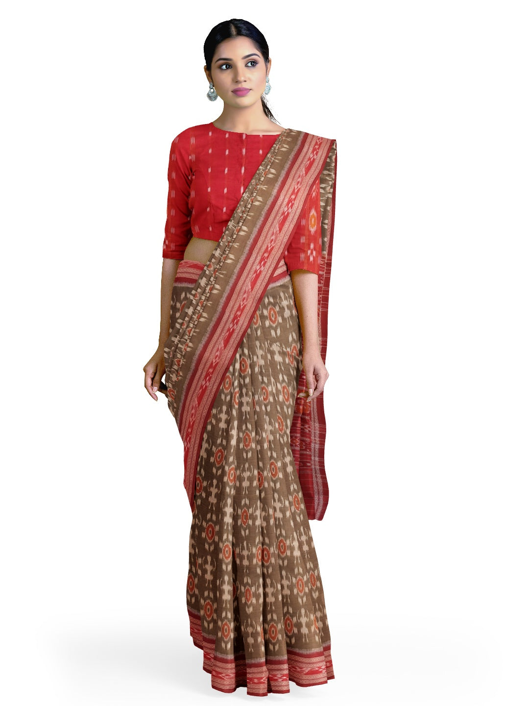 Brown Odisha Ikat saree with cotton ikat blouse piece
