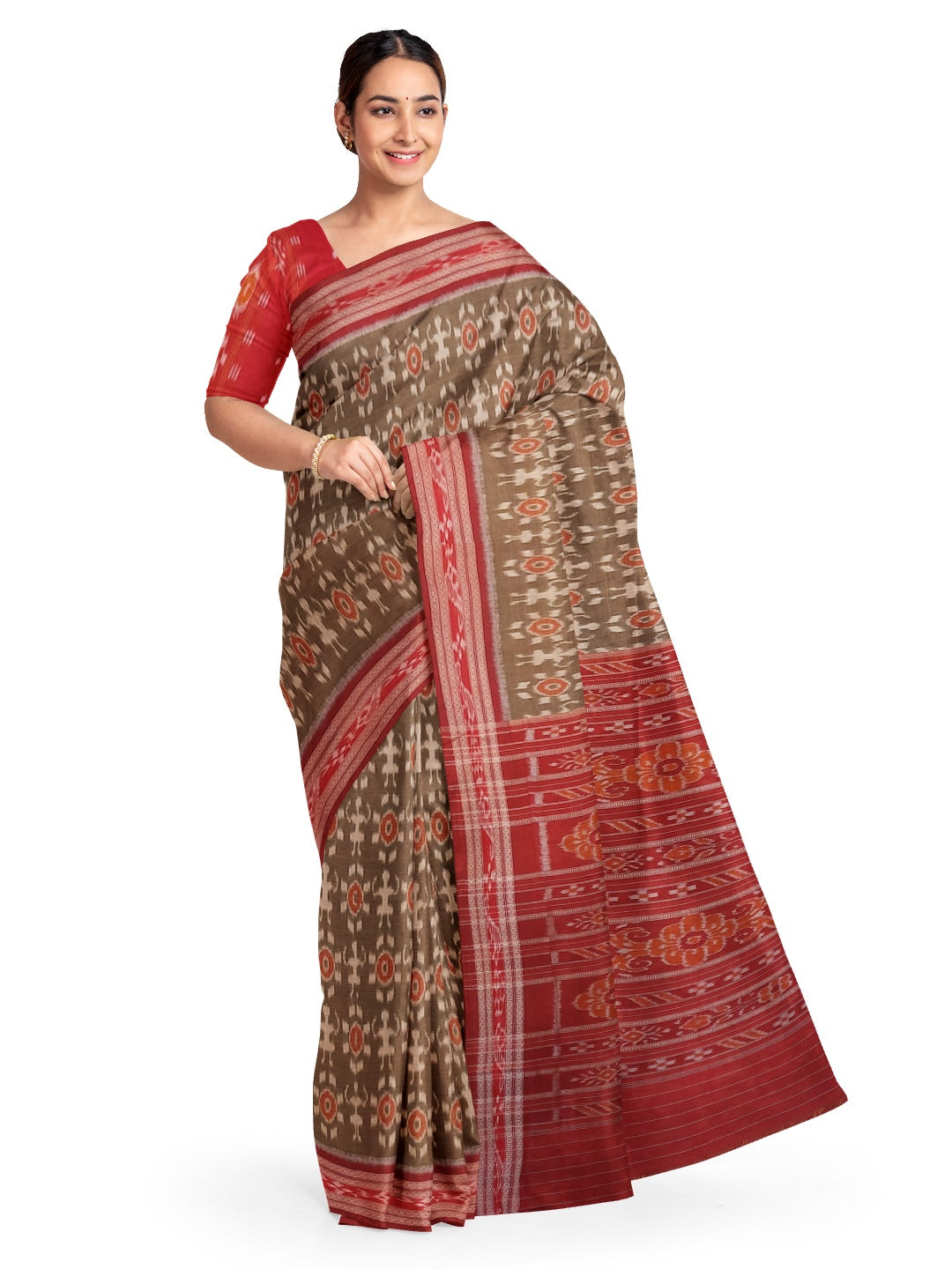 Brown Odisha Ikat saree with cotton ikat blouse piece
