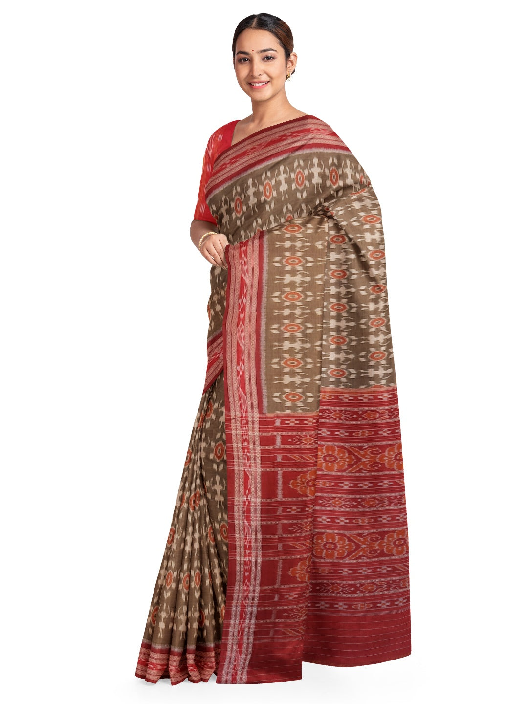 Brown Odisha Ikat saree with cotton ikat blouse piece