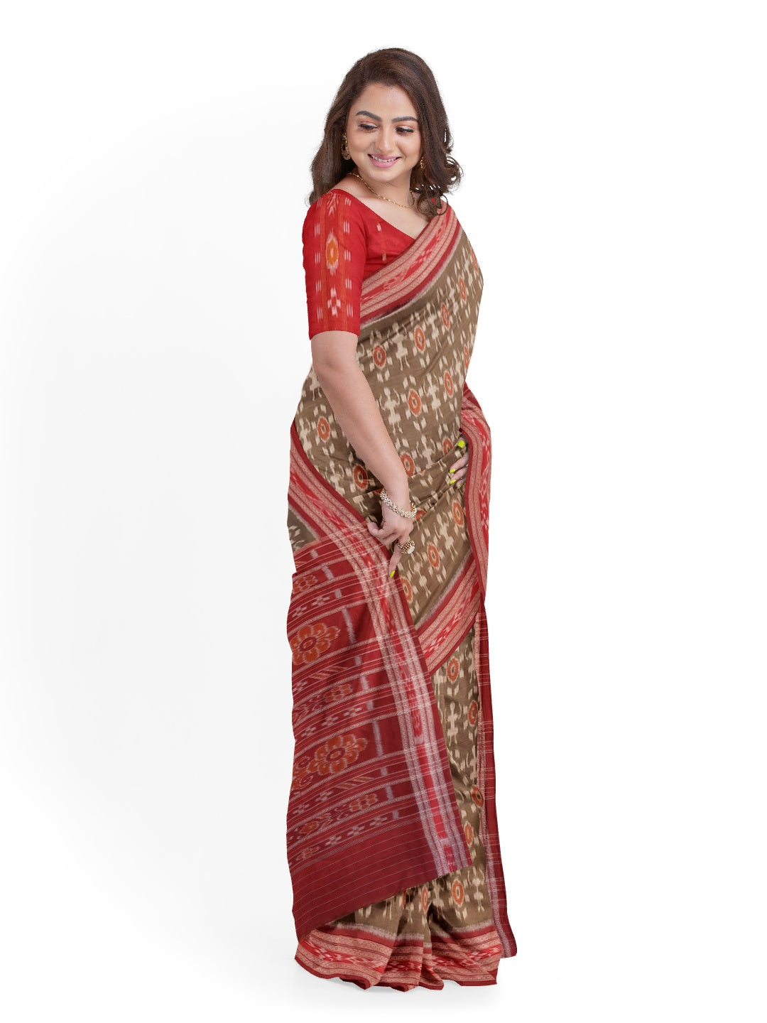 Brown Odisha Ikat saree with cotton ikat blouse piece