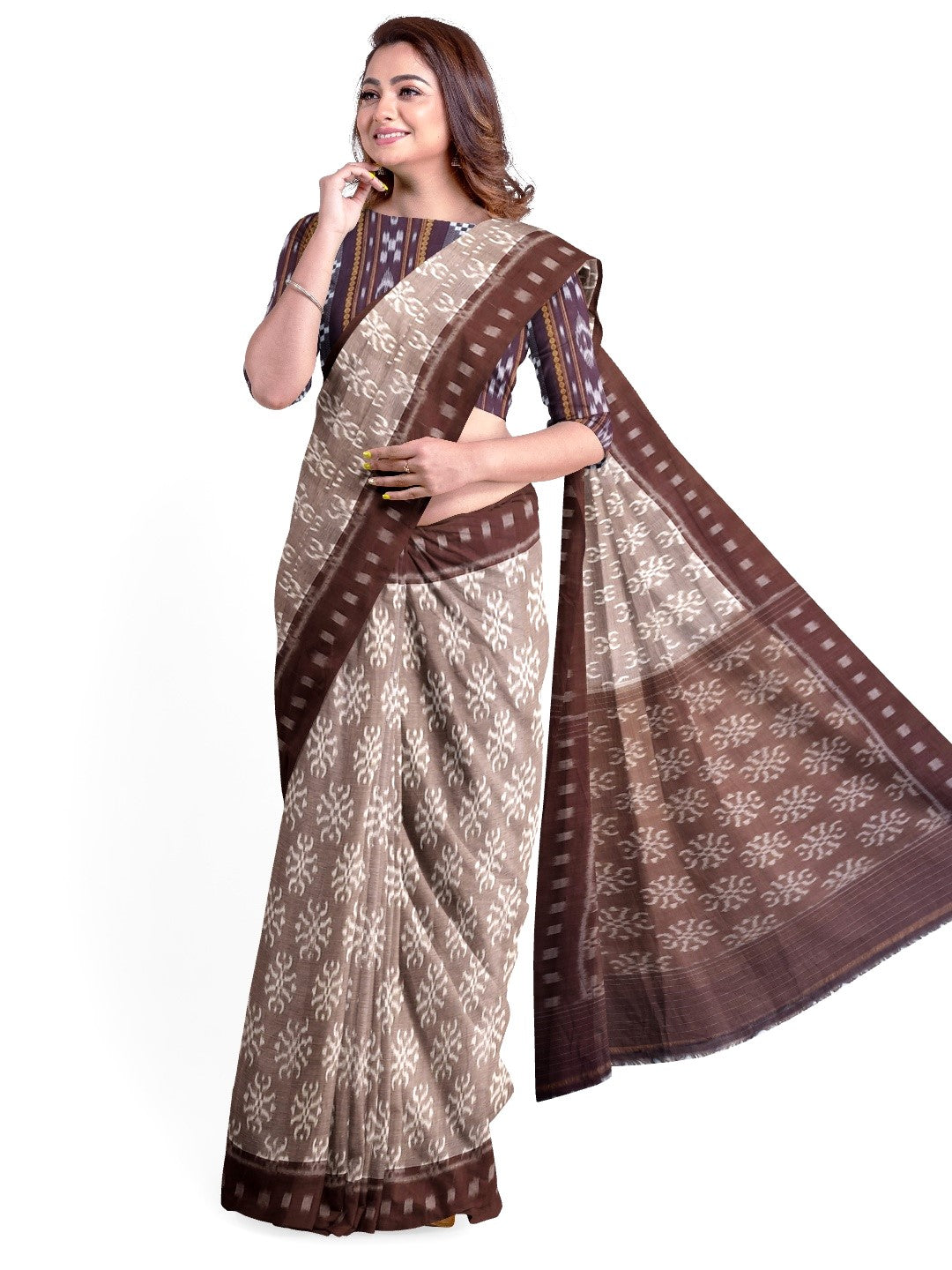 Brown Odisha Ikat saree with cotton ikat blouse piece