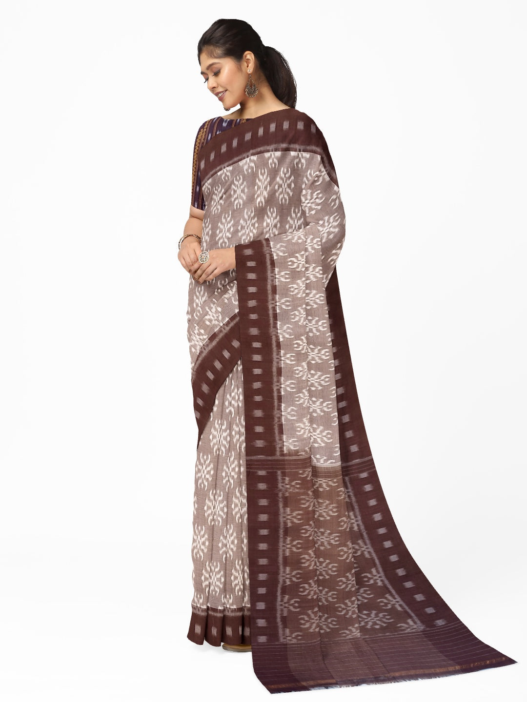 Brown Odisha Ikat saree with cotton ikat blouse piece