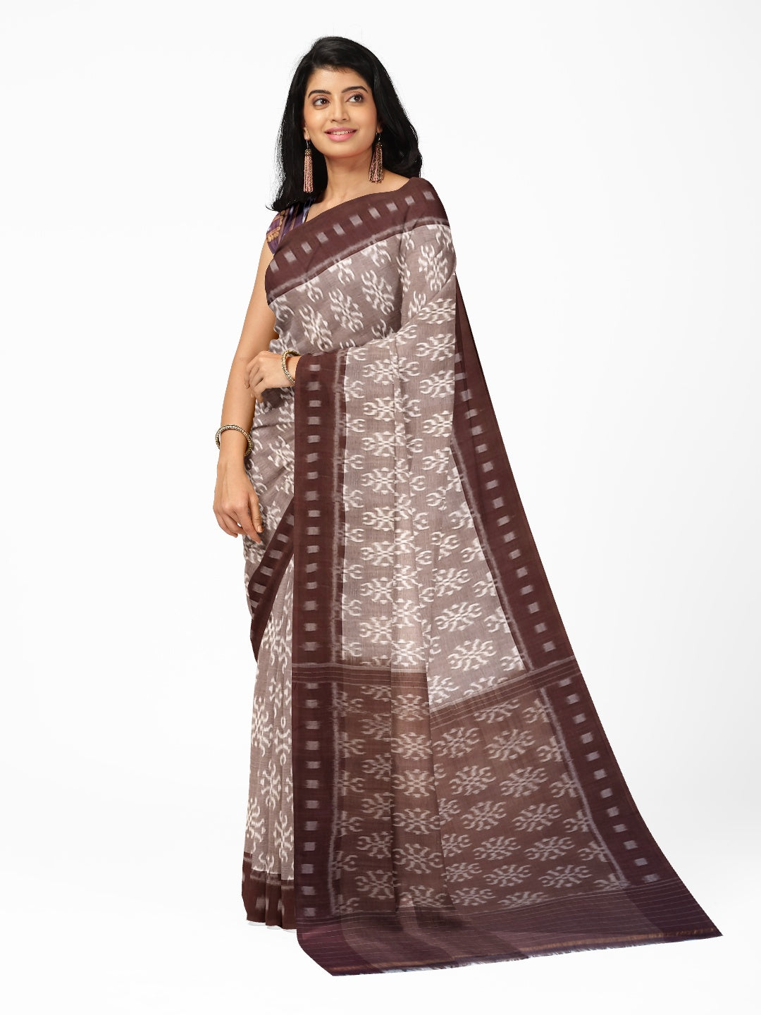 Brown Odisha Ikat saree with cotton ikat blouse piece