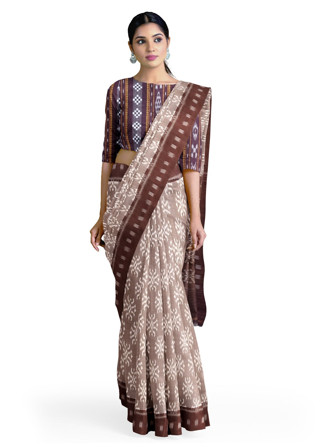 Brown Odisha Ikat saree with cotton ikat blouse piece