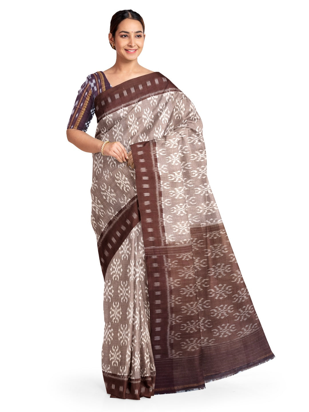 Brown Odisha Ikat saree with cotton ikat blouse piece
