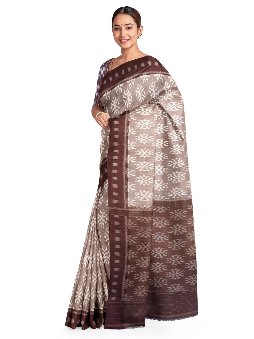 Brown Odisha Ikat saree with cotton ikat blouse piece