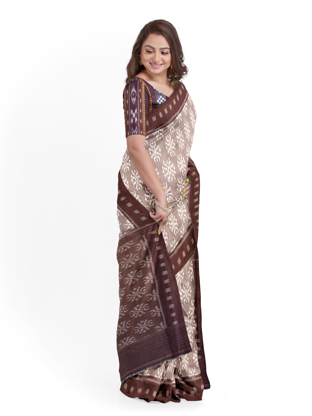 Brown Odisha Ikat saree with cotton ikat blouse piece