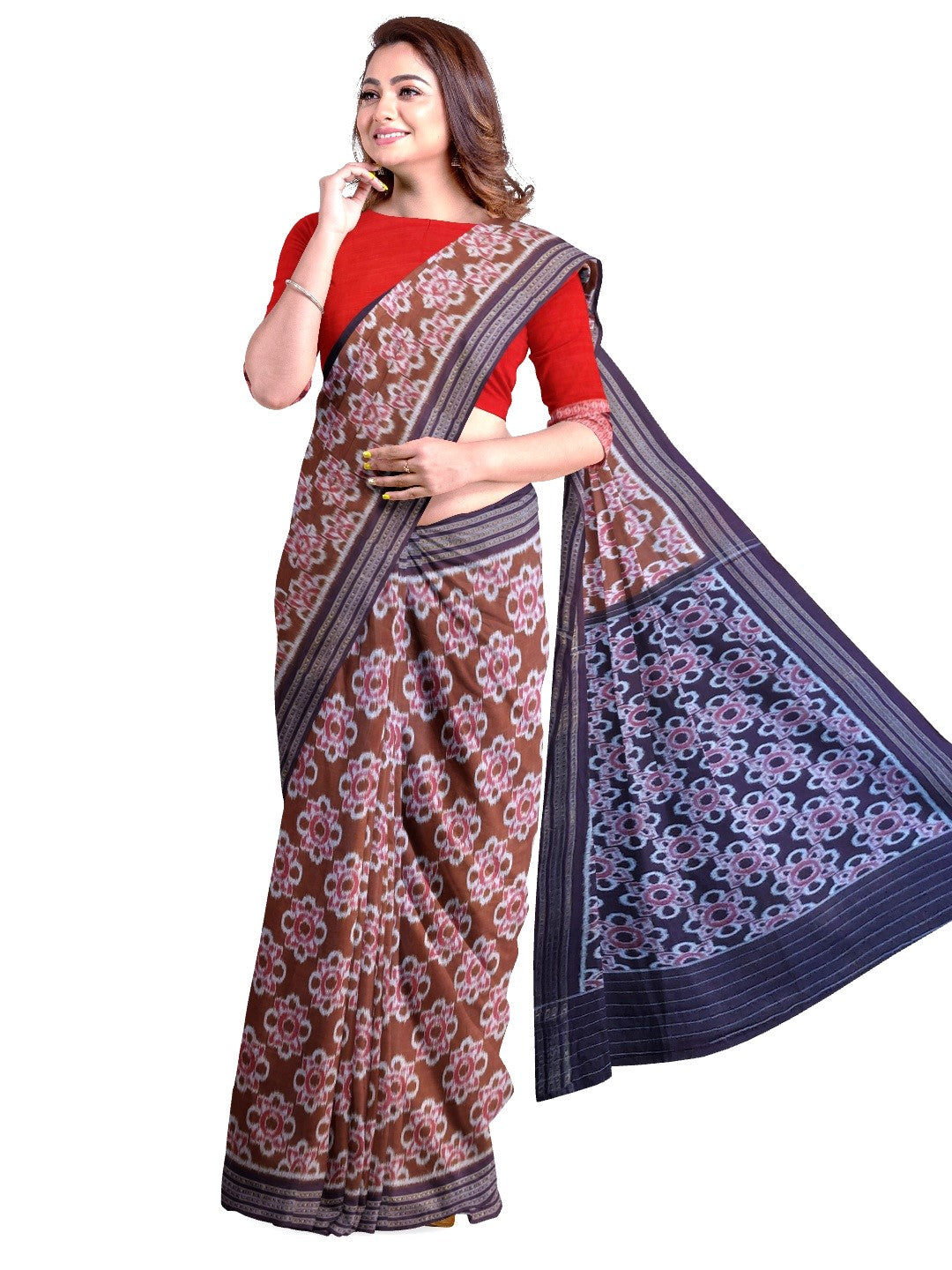 Pinkish Brown Odisha Ikat saree with cotton ikat blouse piece