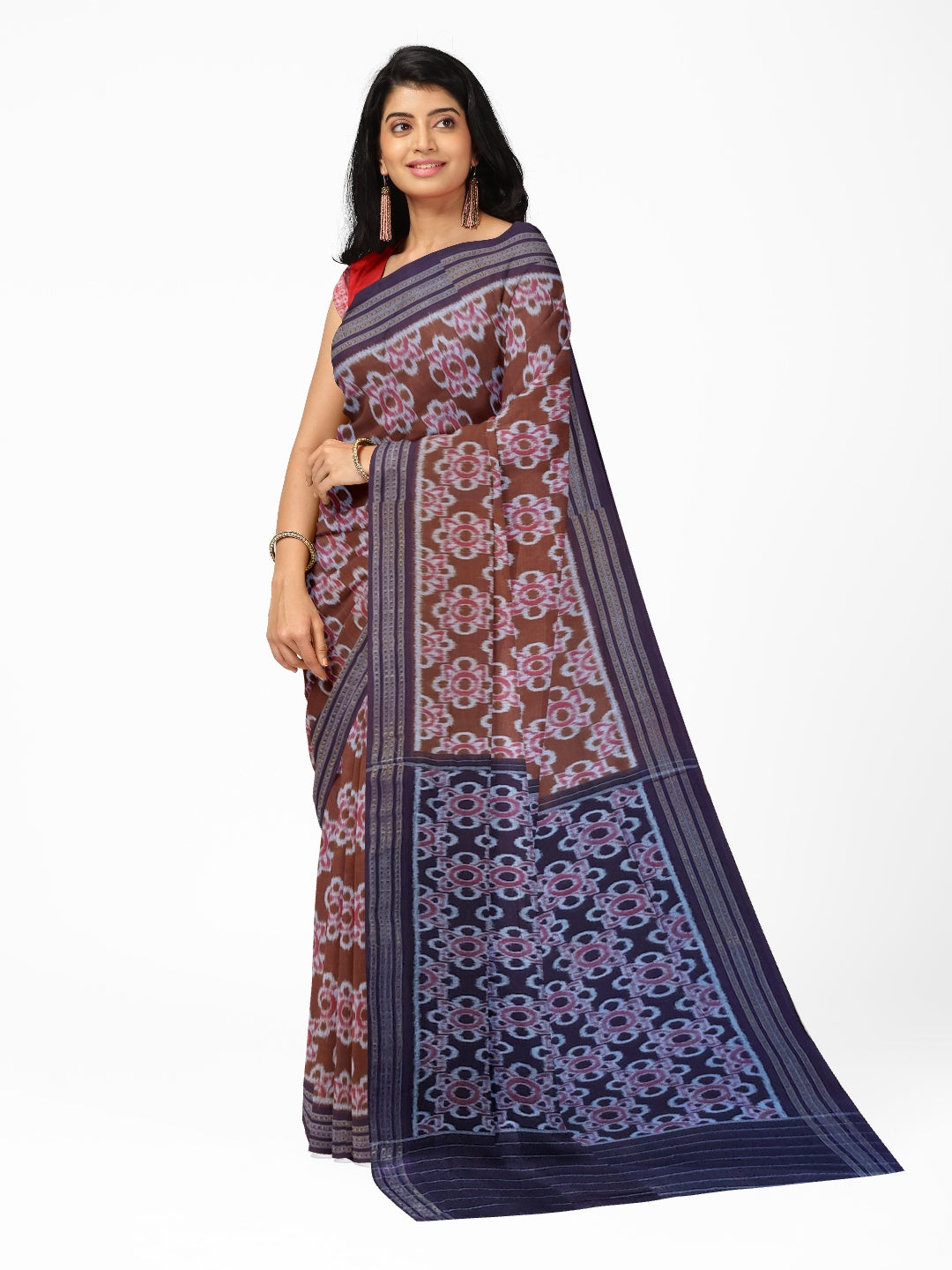 Pinkish Brown Odisha Ikat saree with cotton ikat blouse piece