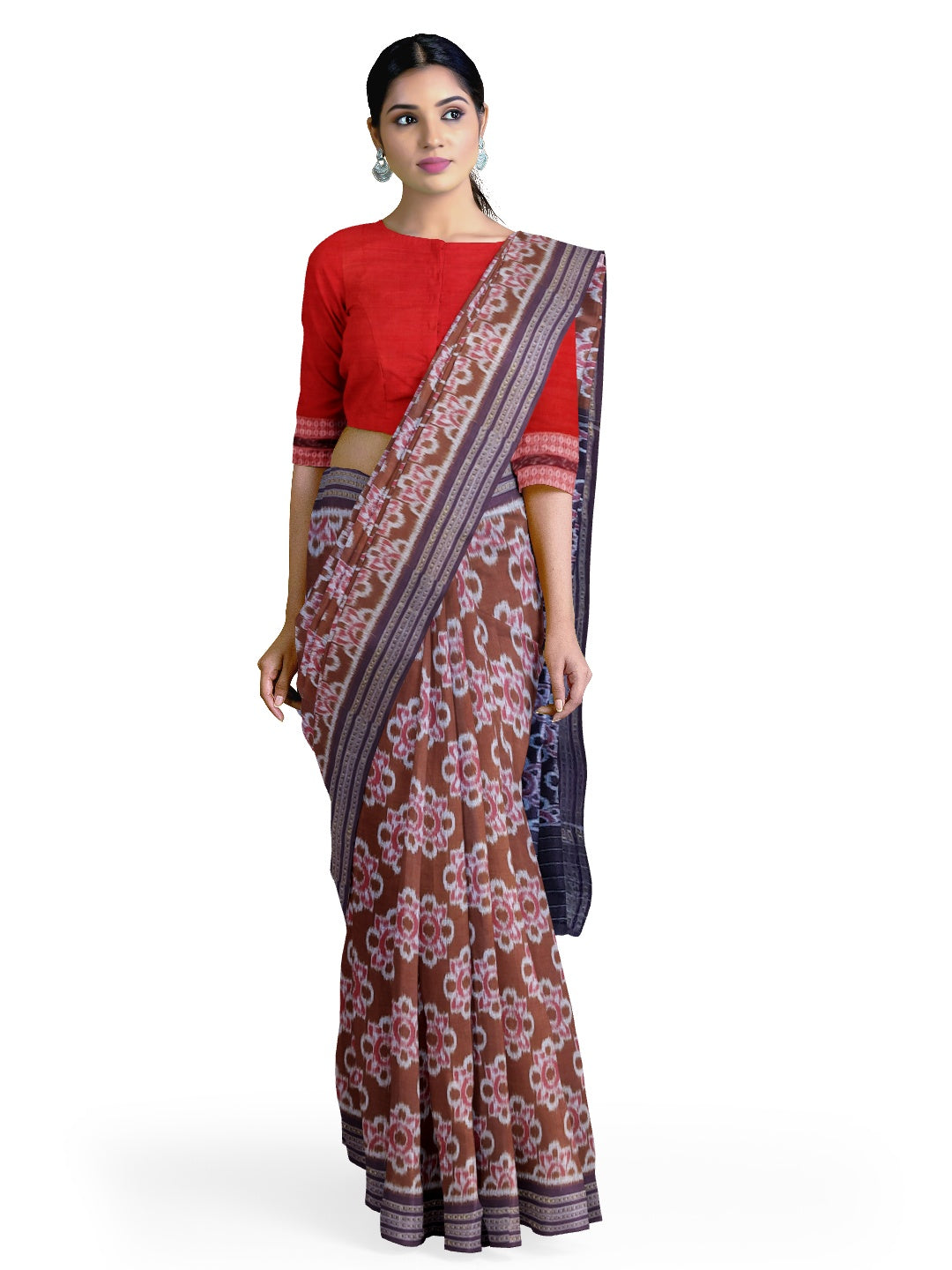 Pinkish Brown Odisha Ikat saree with cotton ikat blouse piece